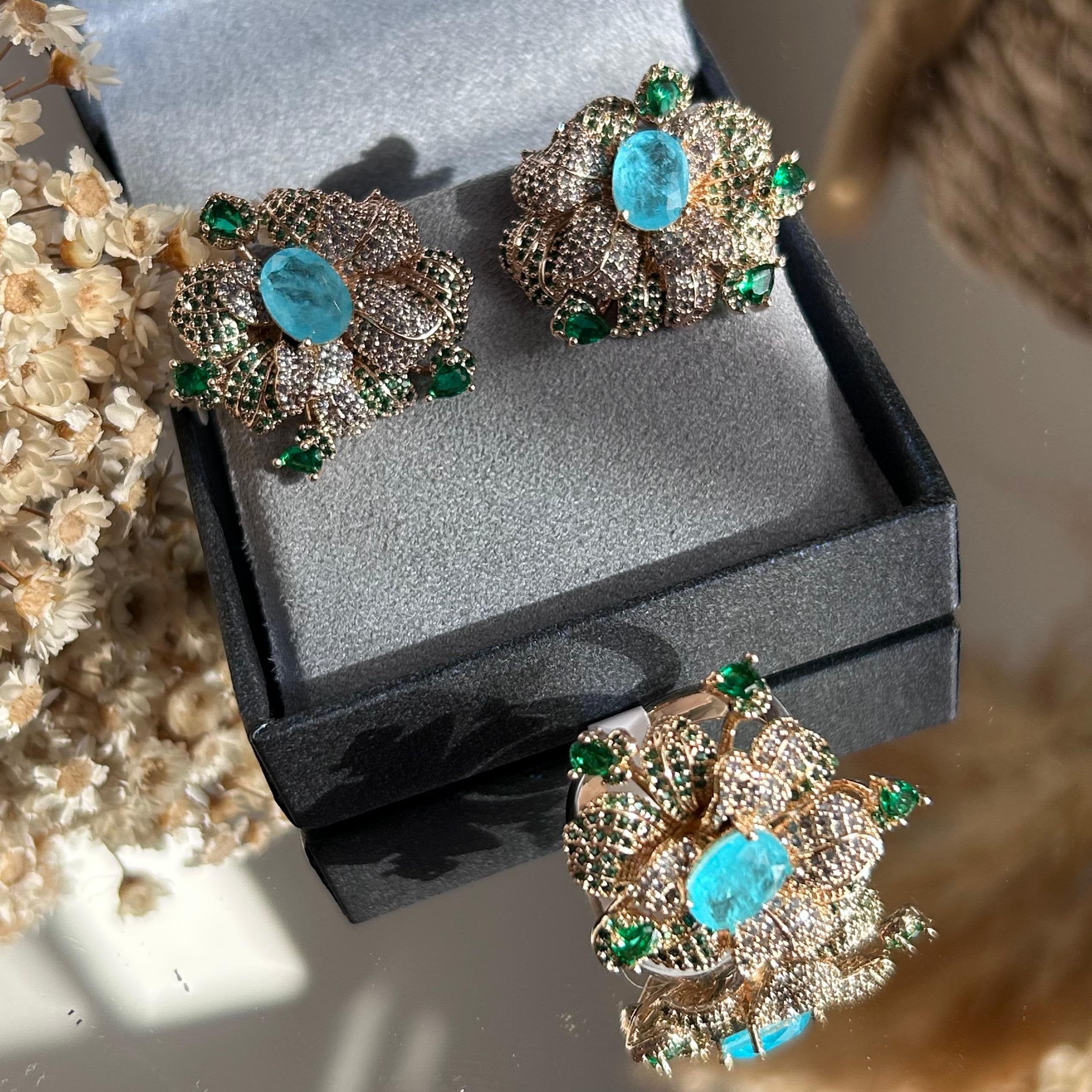 Conjunto Brinco e Anel Sofia Detalhes Turmalina Azul