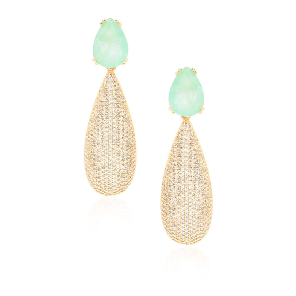 Brinco Duas Gotas Cravejado Turmalina Verde Dourado