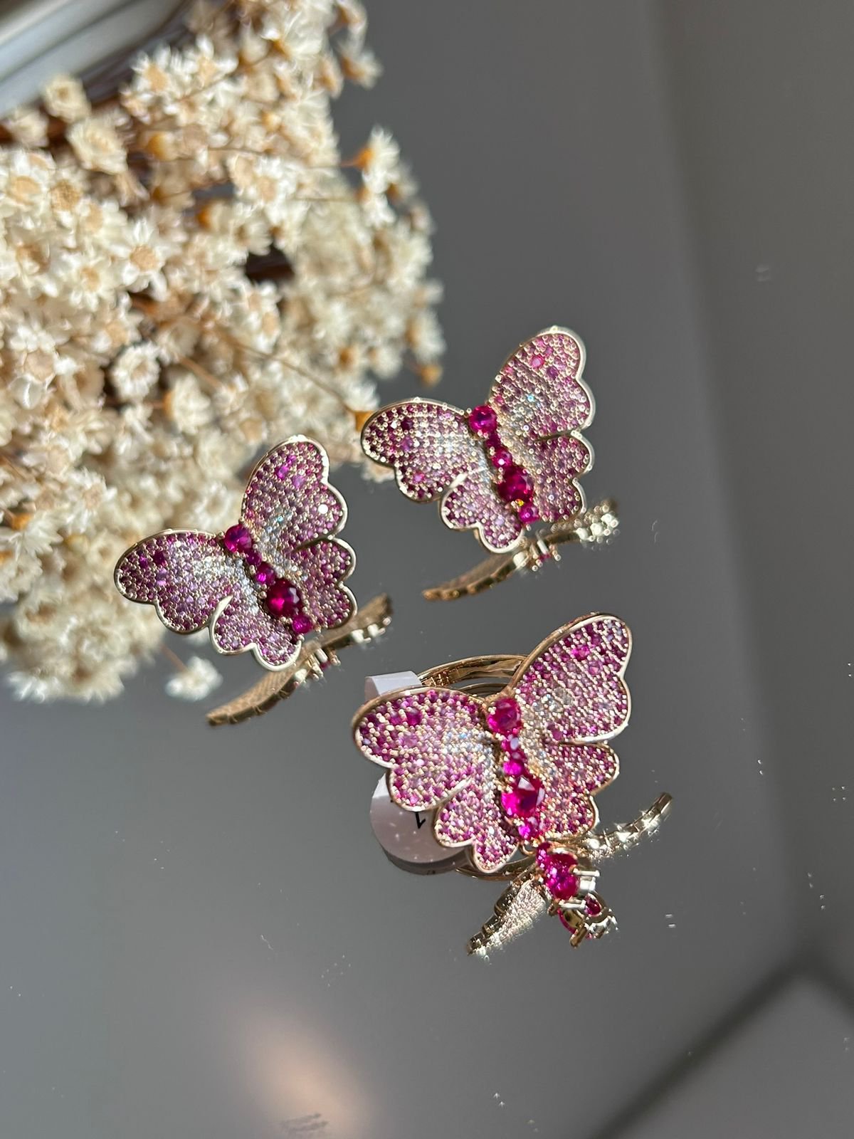 Conjunto Brinco e Anel Borboleta Safira Rosa/Pink