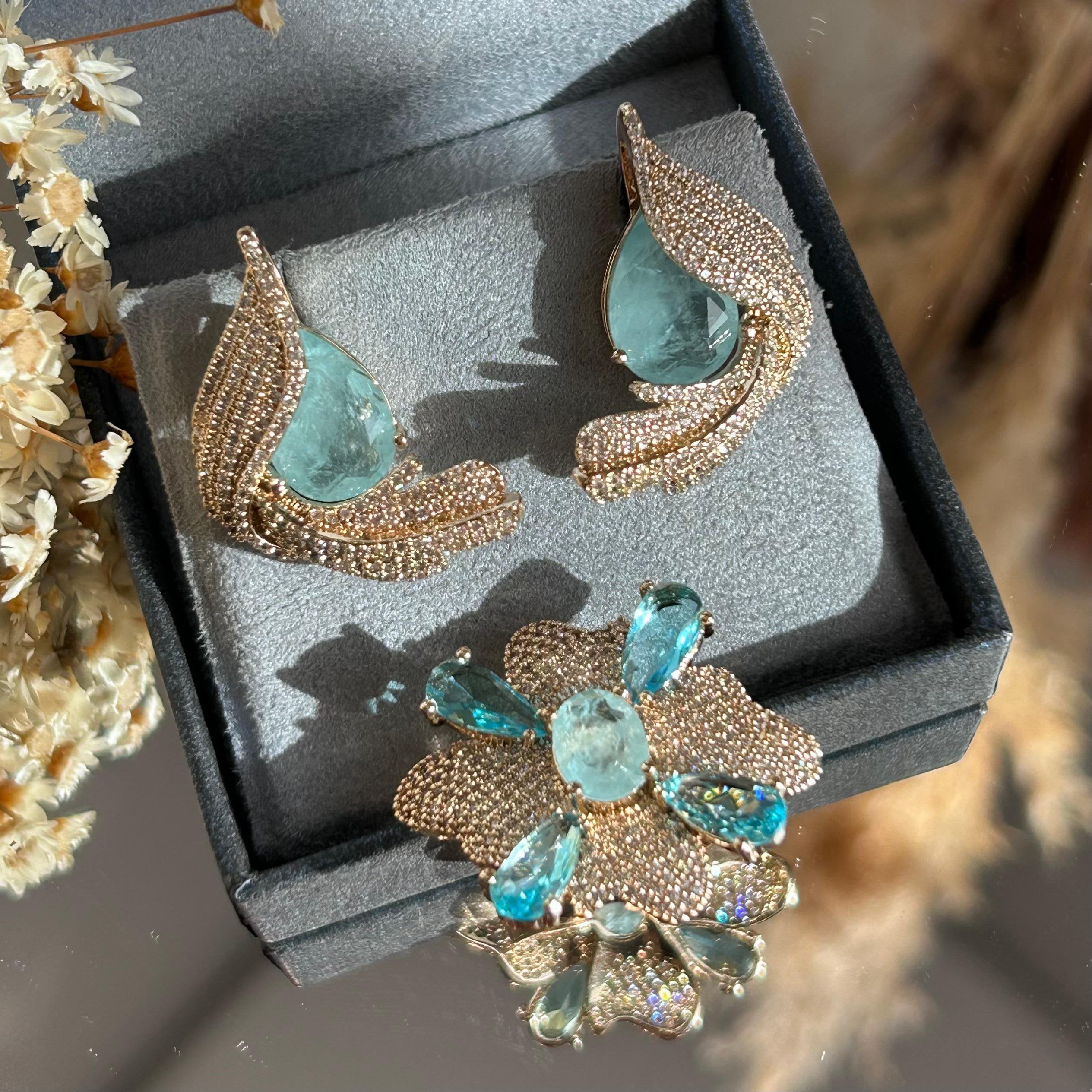 Conjunto Brinco E Anel Petala Azul Serenity