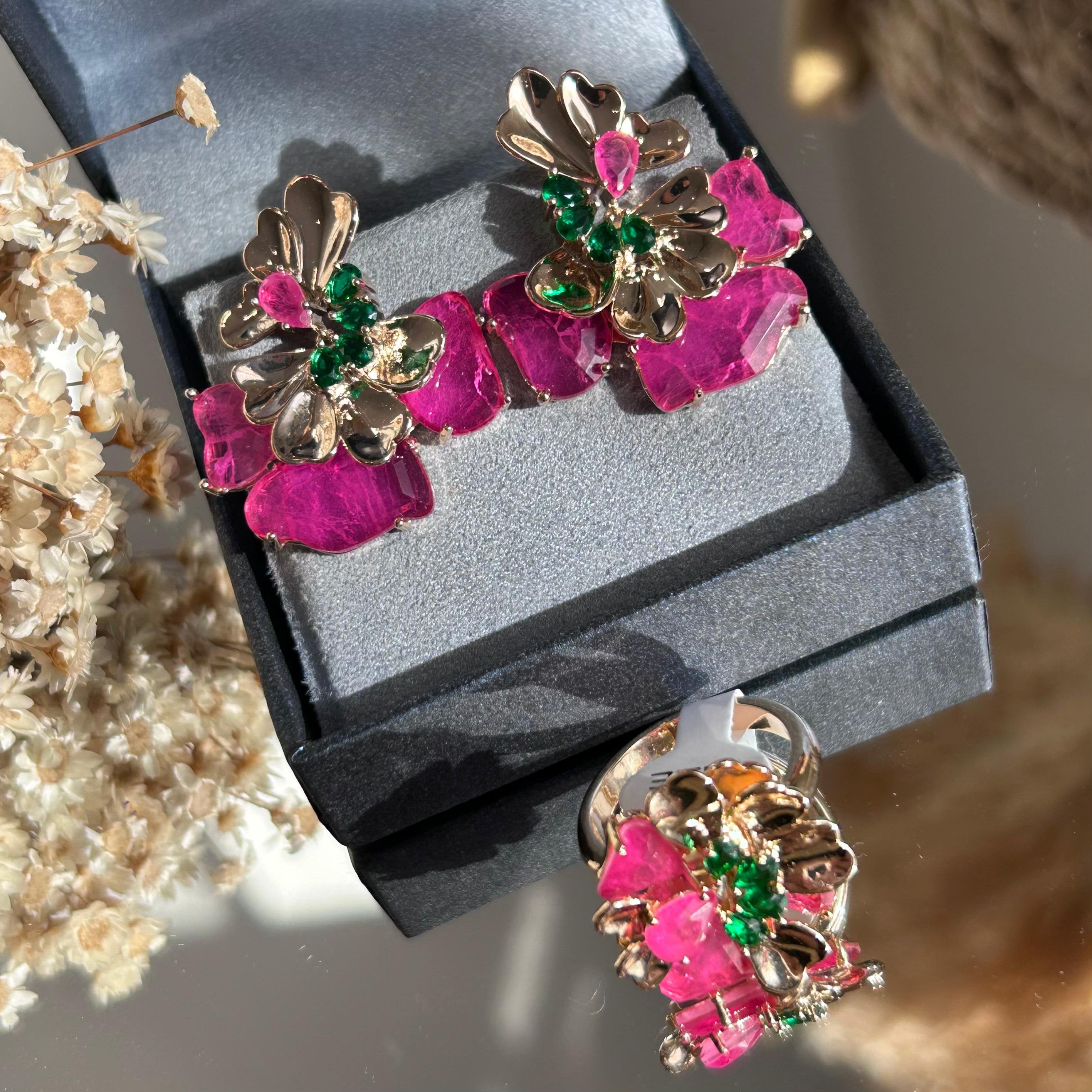 Conjunto Brinco E Anel Leque Pink