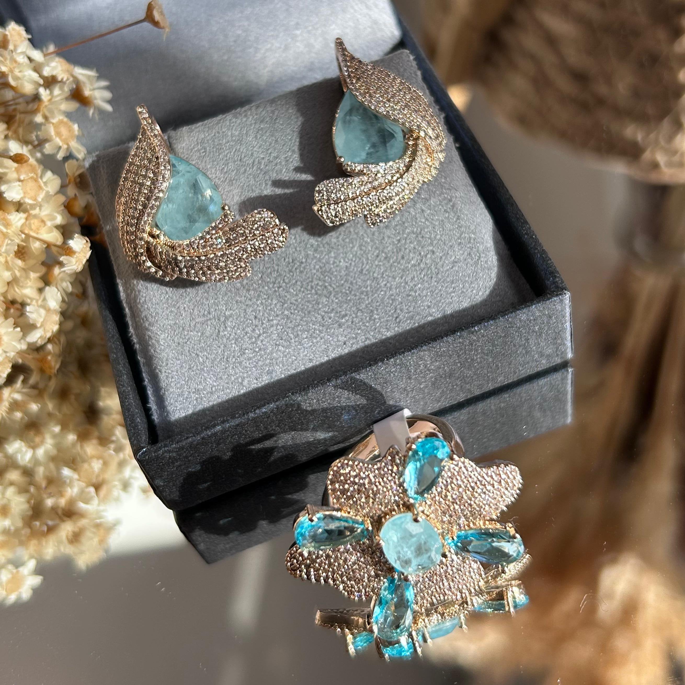 Conjunto Brinco E Anel Petala Azul Serenity