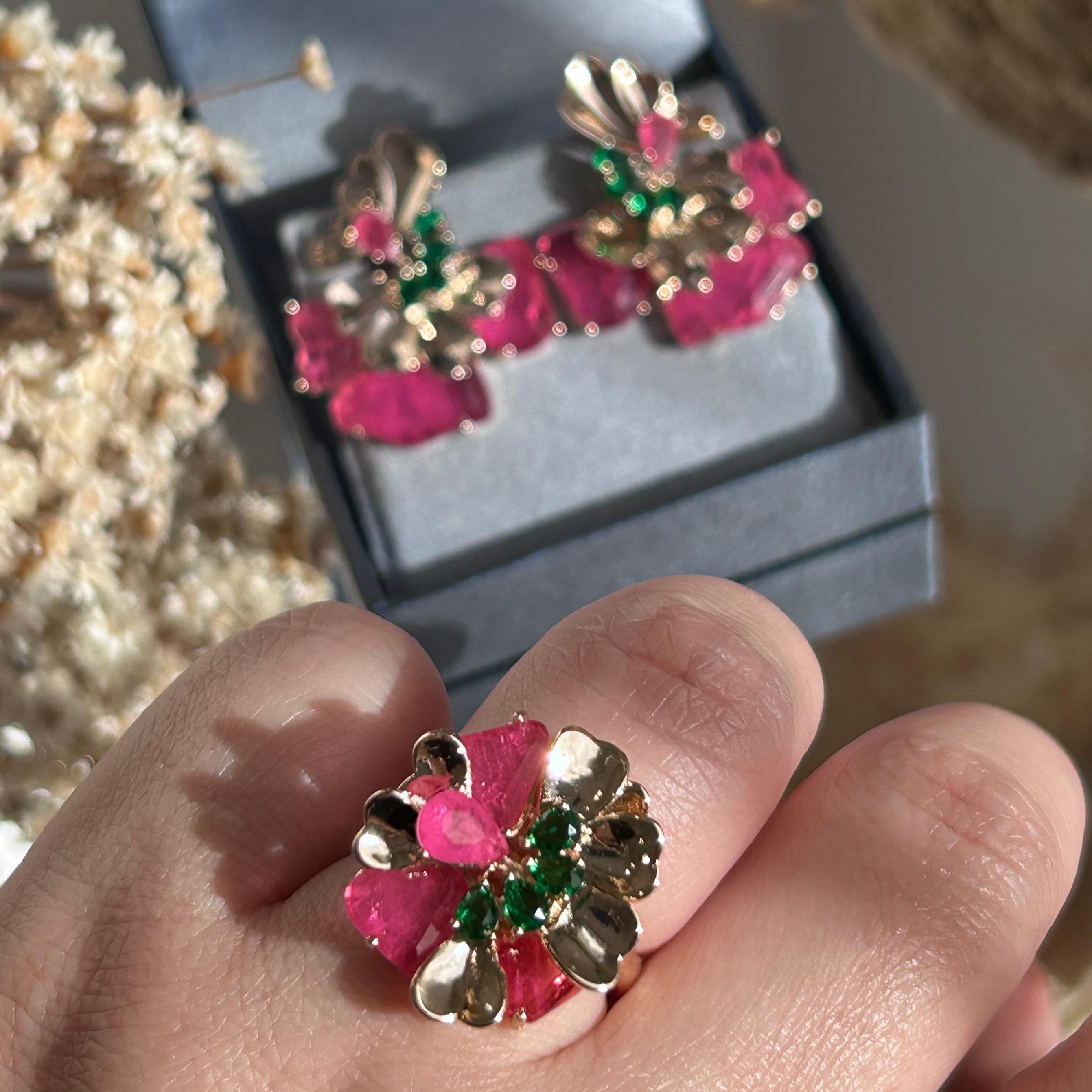 Conjunto Brinco E Anel Leque Pink