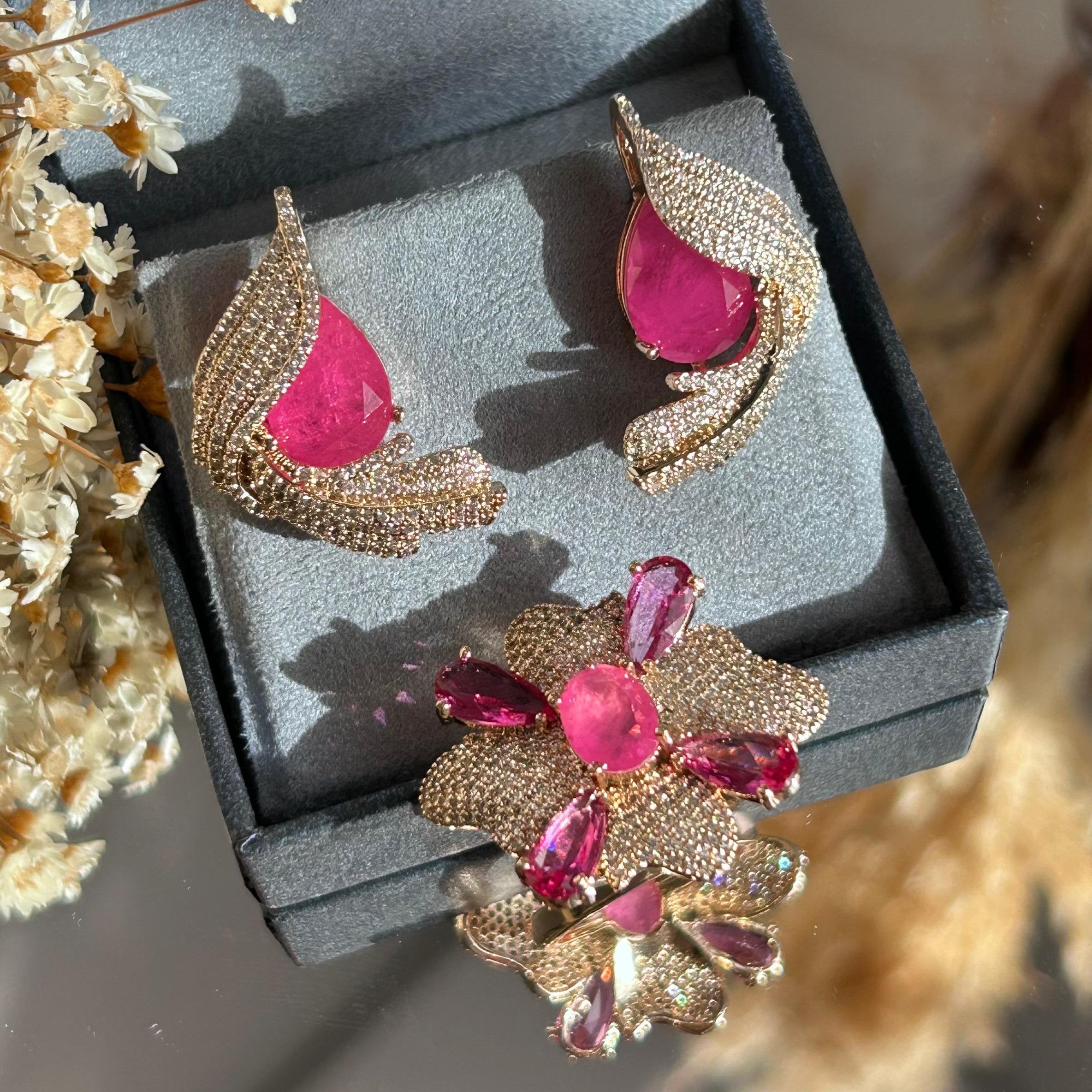 Conjunto Brinco E Anel Petala Pink