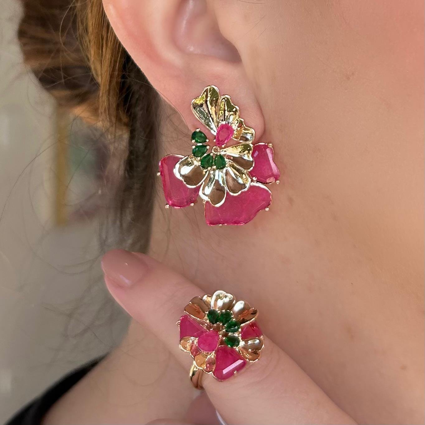 Conjunto Brinco E Anel Leque Pink