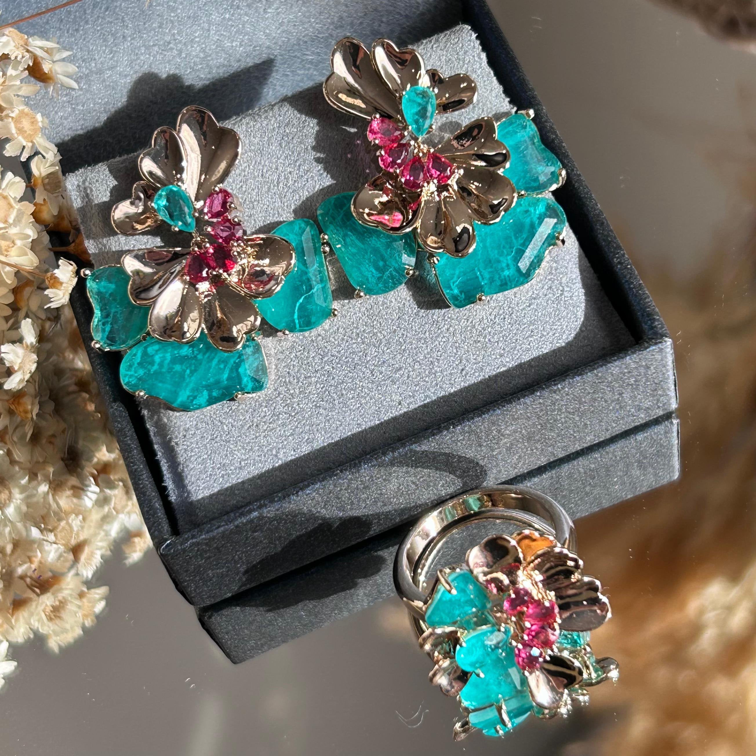 Conjunto Brinco e Anel Leque Turmalina