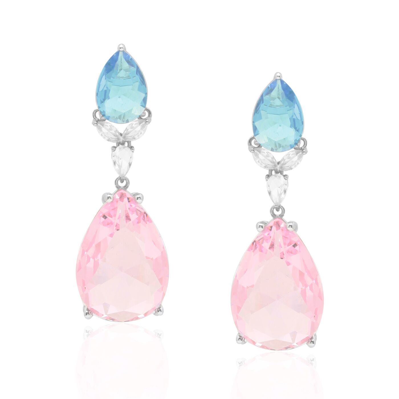 Brinco Duas Gotas Detalhada Água Marinha/Azul e Rosa