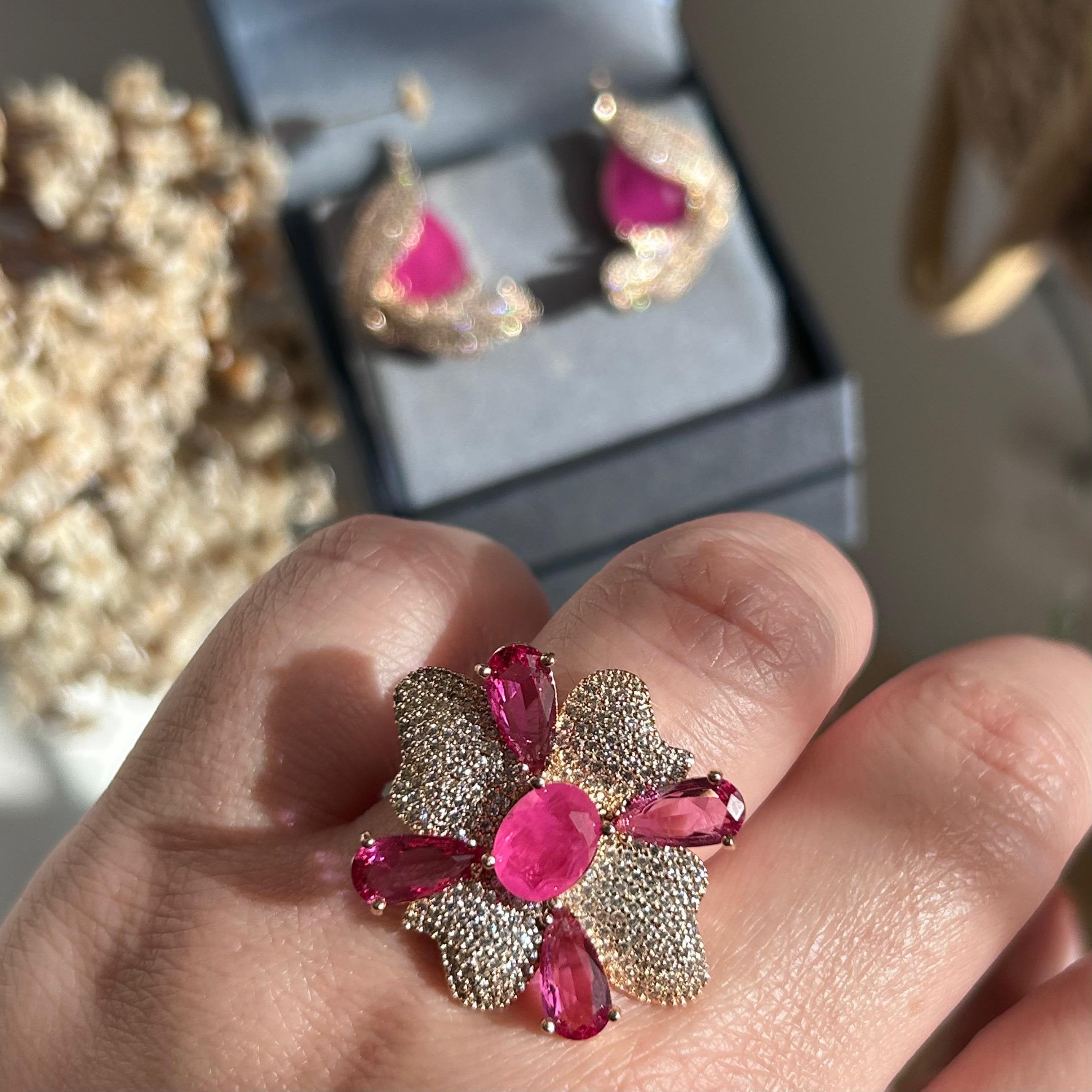 Conjunto Brinco E Anel Petala Pink