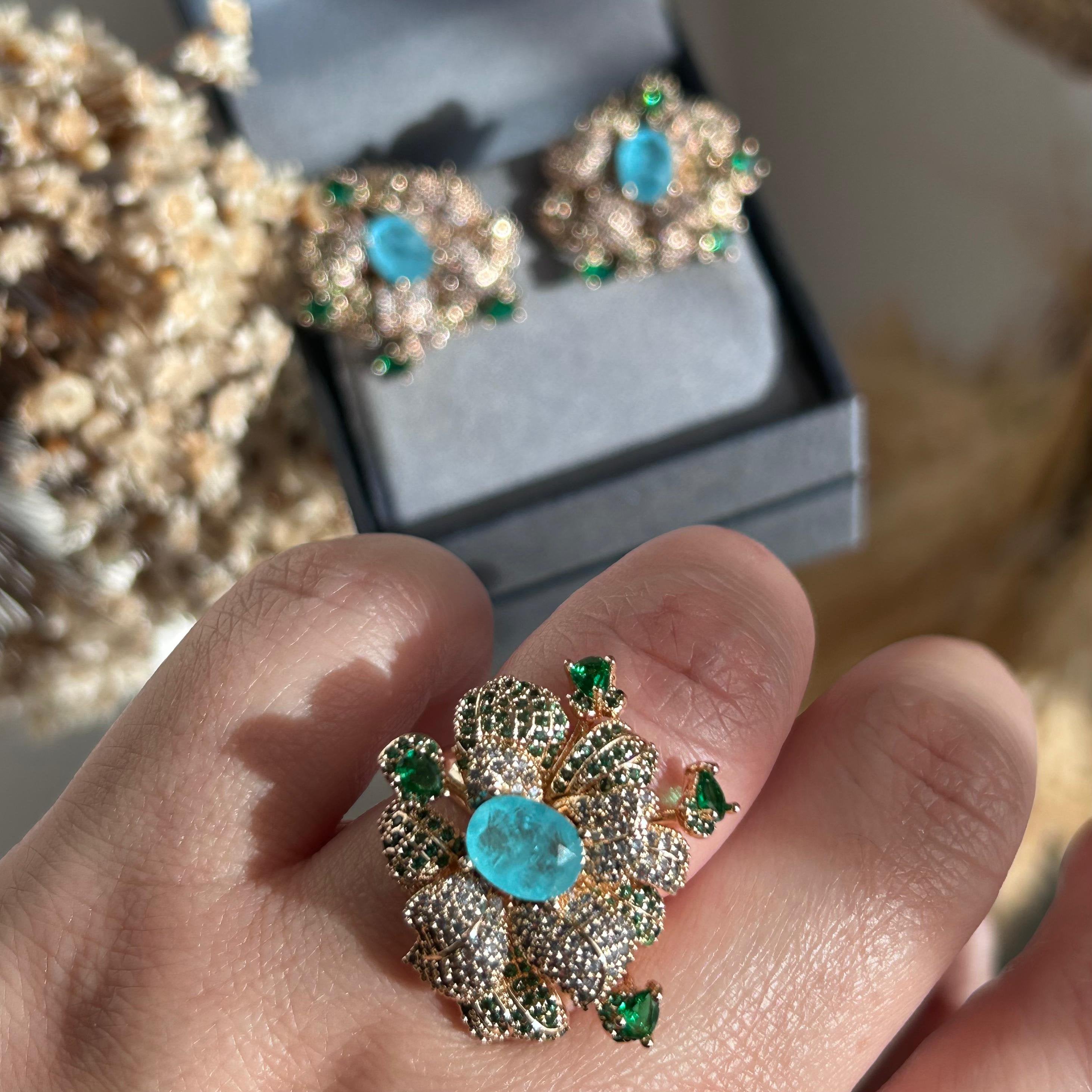 Conjunto Brinco e Anel Sofia Detalhes Turmalina Azul