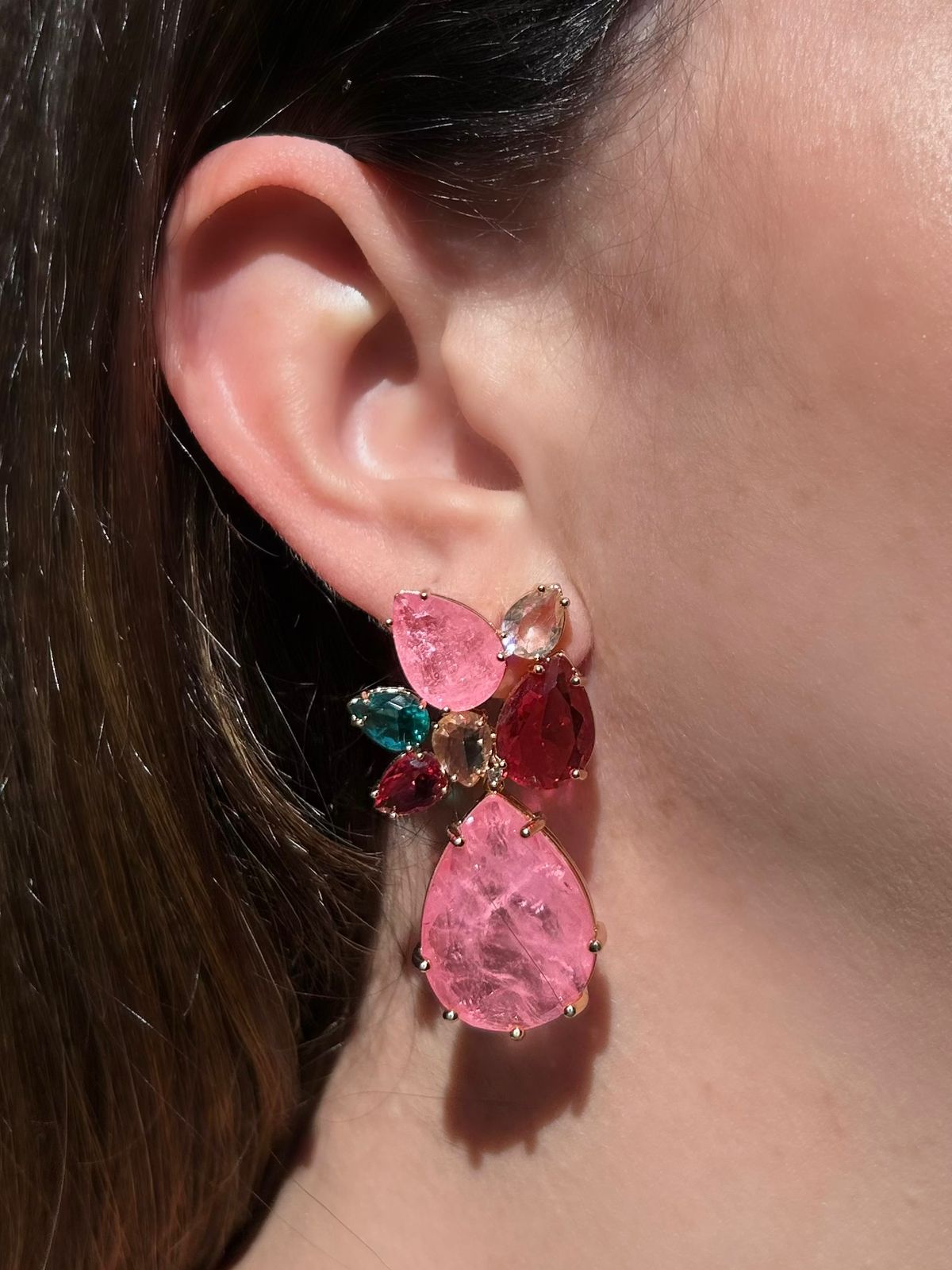 Brinco Cachos Rosa e Rubi