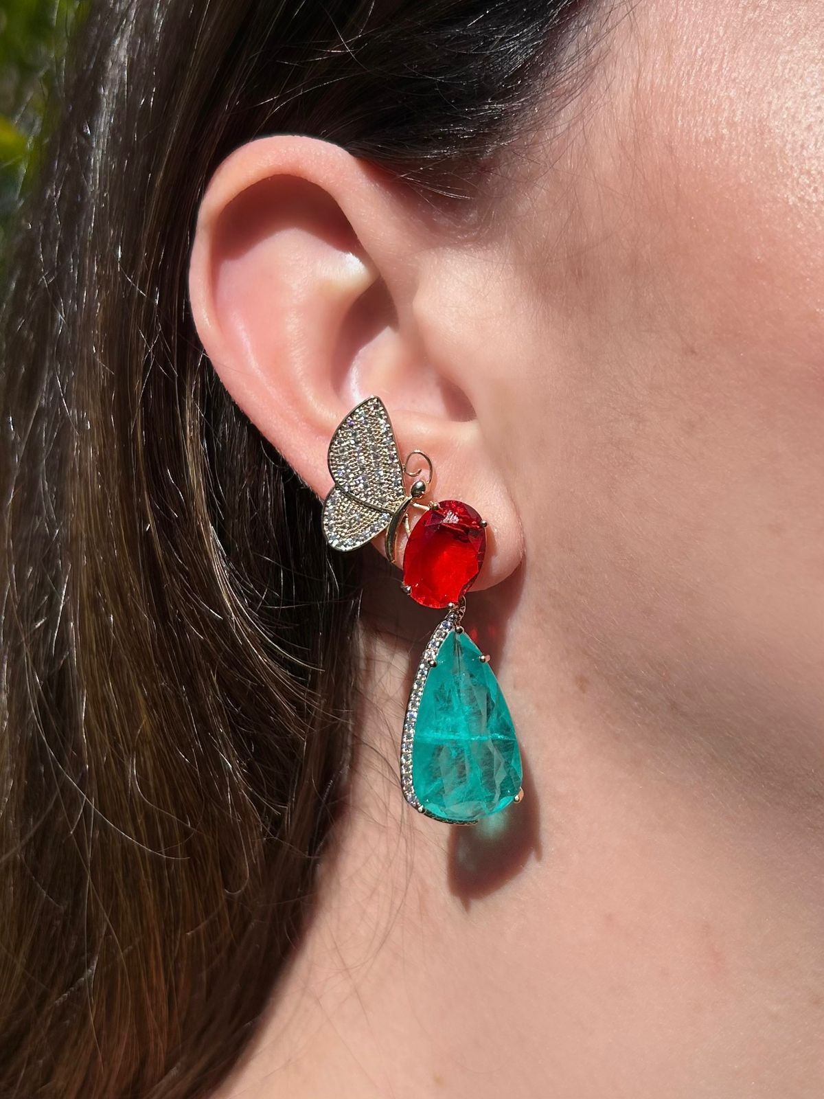 Conjunto Brinco e Anel Borboleta Turmalina e Rubi