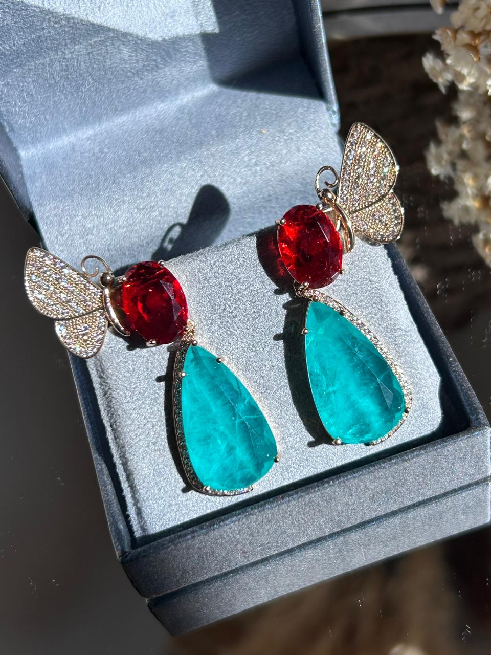 Conjunto Brinco e Anel Borboleta Turmalina e Rubi
