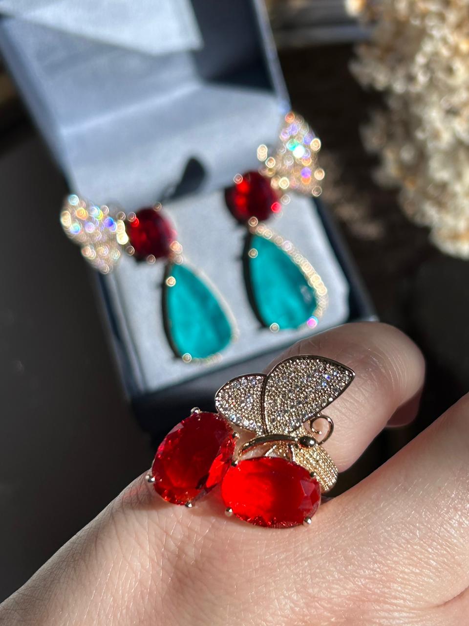 Conjunto Brinco e Anel Borboleta Turmalina e Rubi