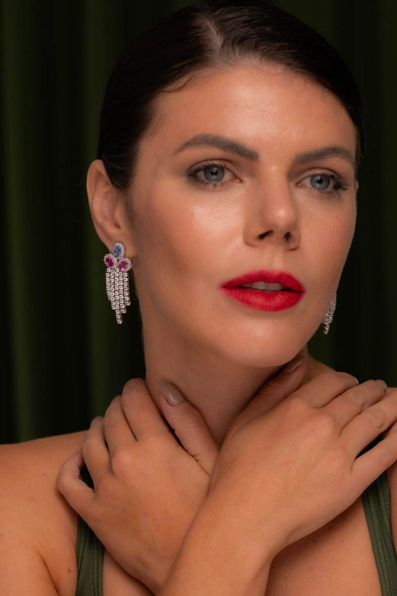 Brinco Franjas Tanzanita e Safira Rosa/Pink