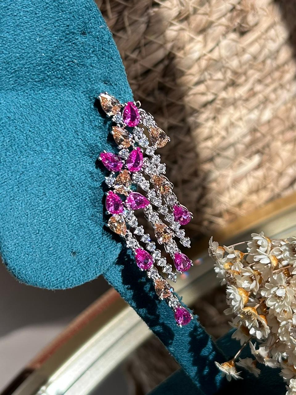 Brinco EarCuff Franjas Safira Rosa/Pink e Citrino