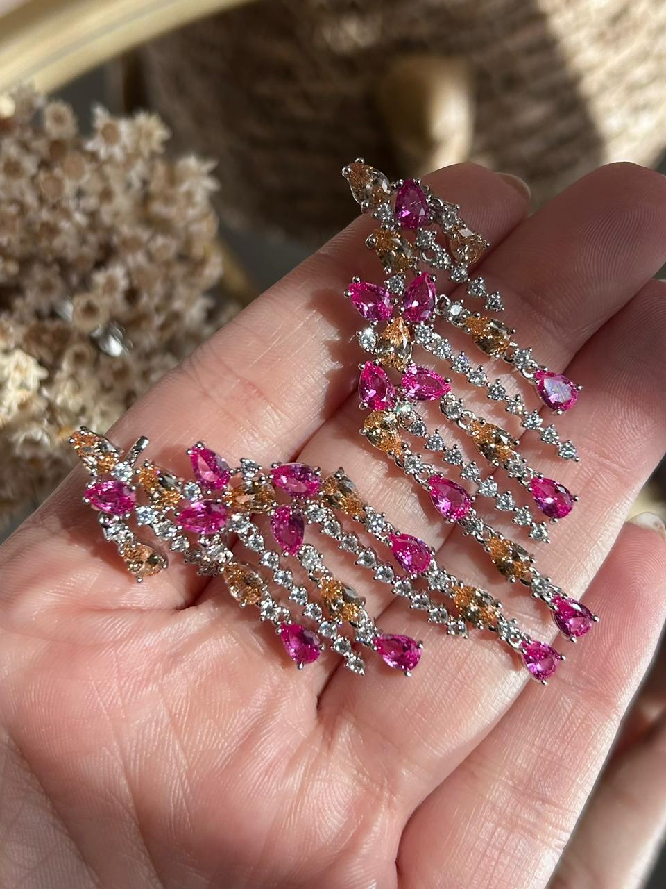 Brinco EarCuff Franjas Safira Rosa/Pink e Citrino