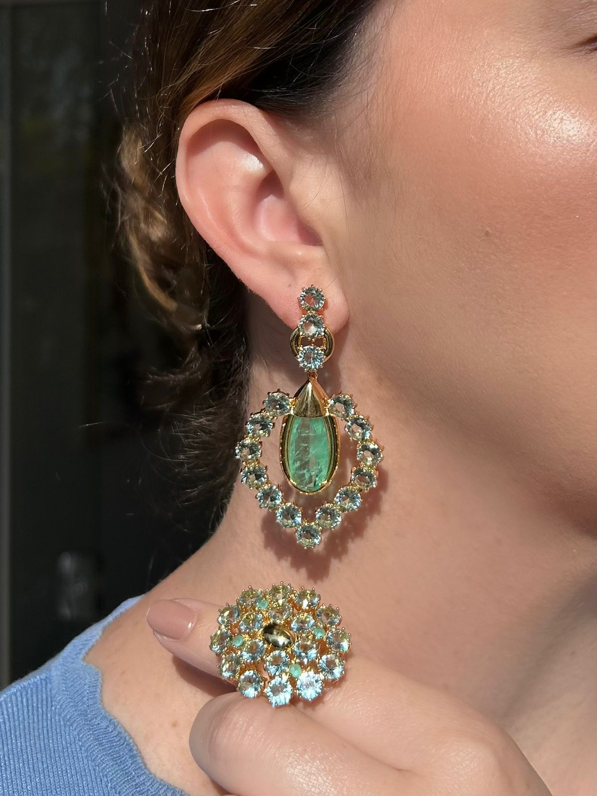 Conjunto Anel e Brinco Samia Turmalina Verde