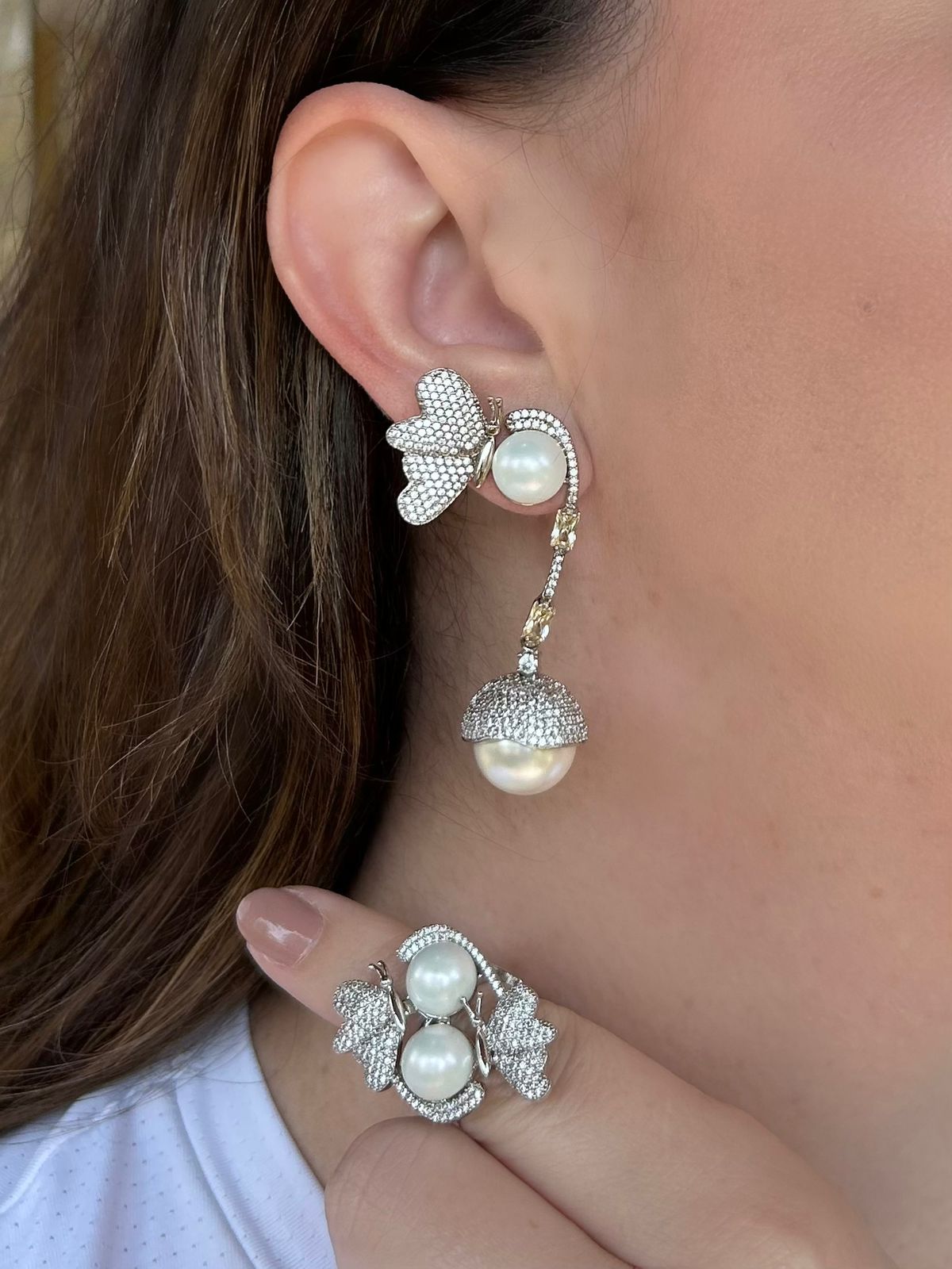 Conjunto Anel e Brinco Borboleta e Pérolas