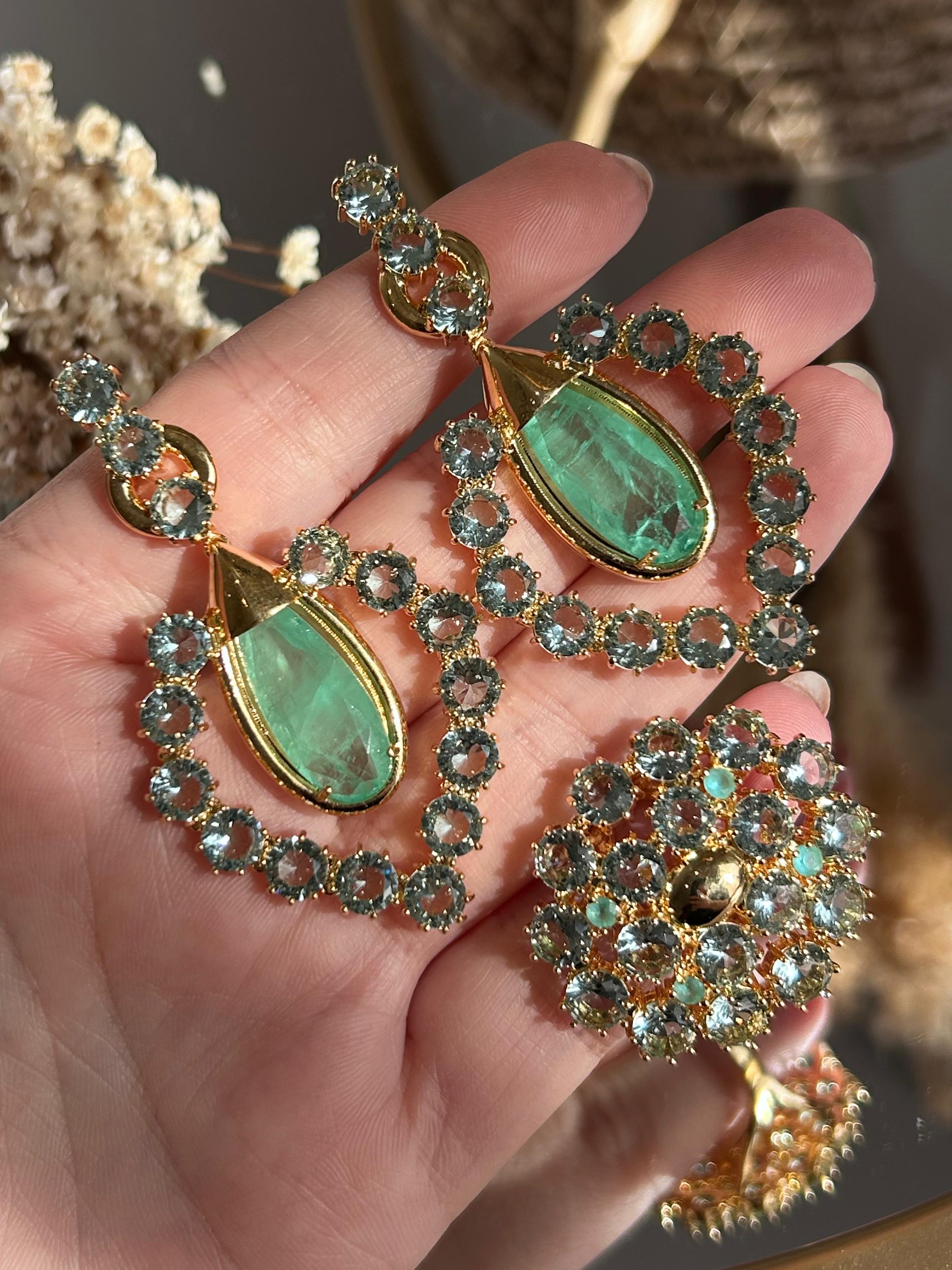 Conjunto Anel e Brinco Samia Turmalina Verde