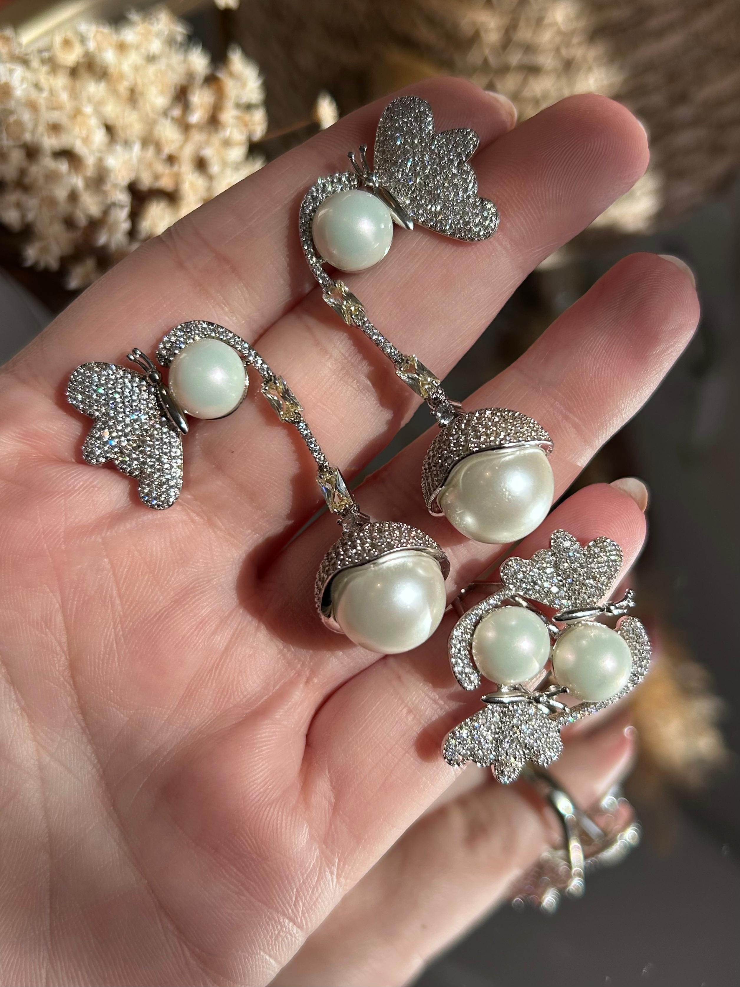 Conjunto Anel e Brinco Borboleta e Pérolas