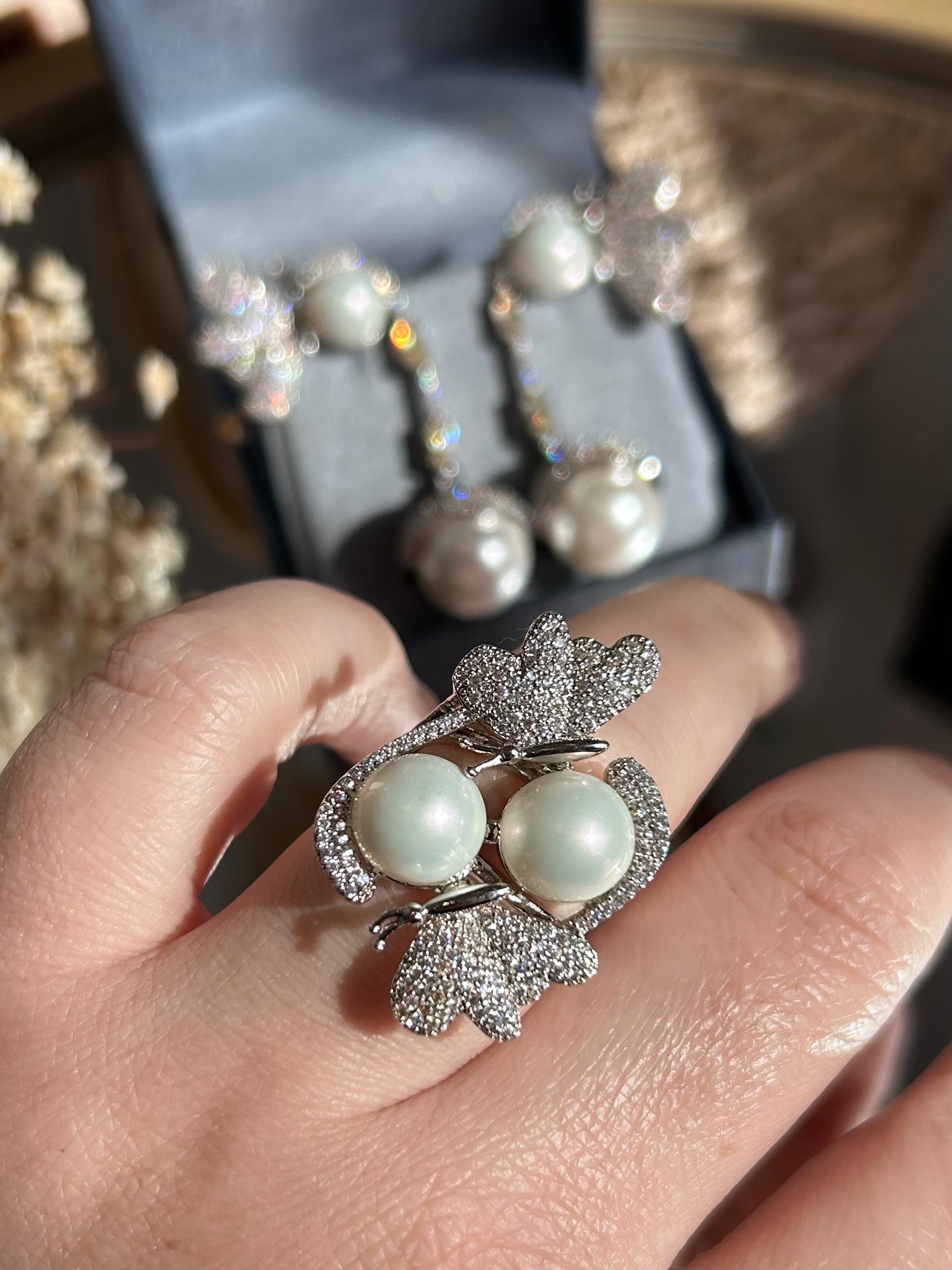 Conjunto Anel e Brinco Borboleta e Pérolas