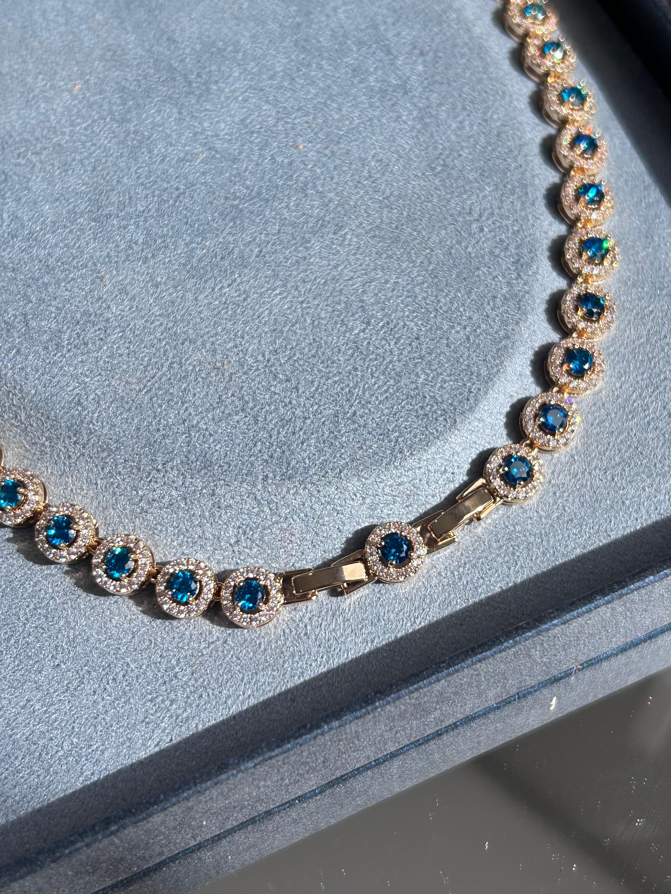 Conjunto Brinco, Colar e Pulseira Riviera Redonda Azul Água Marinha