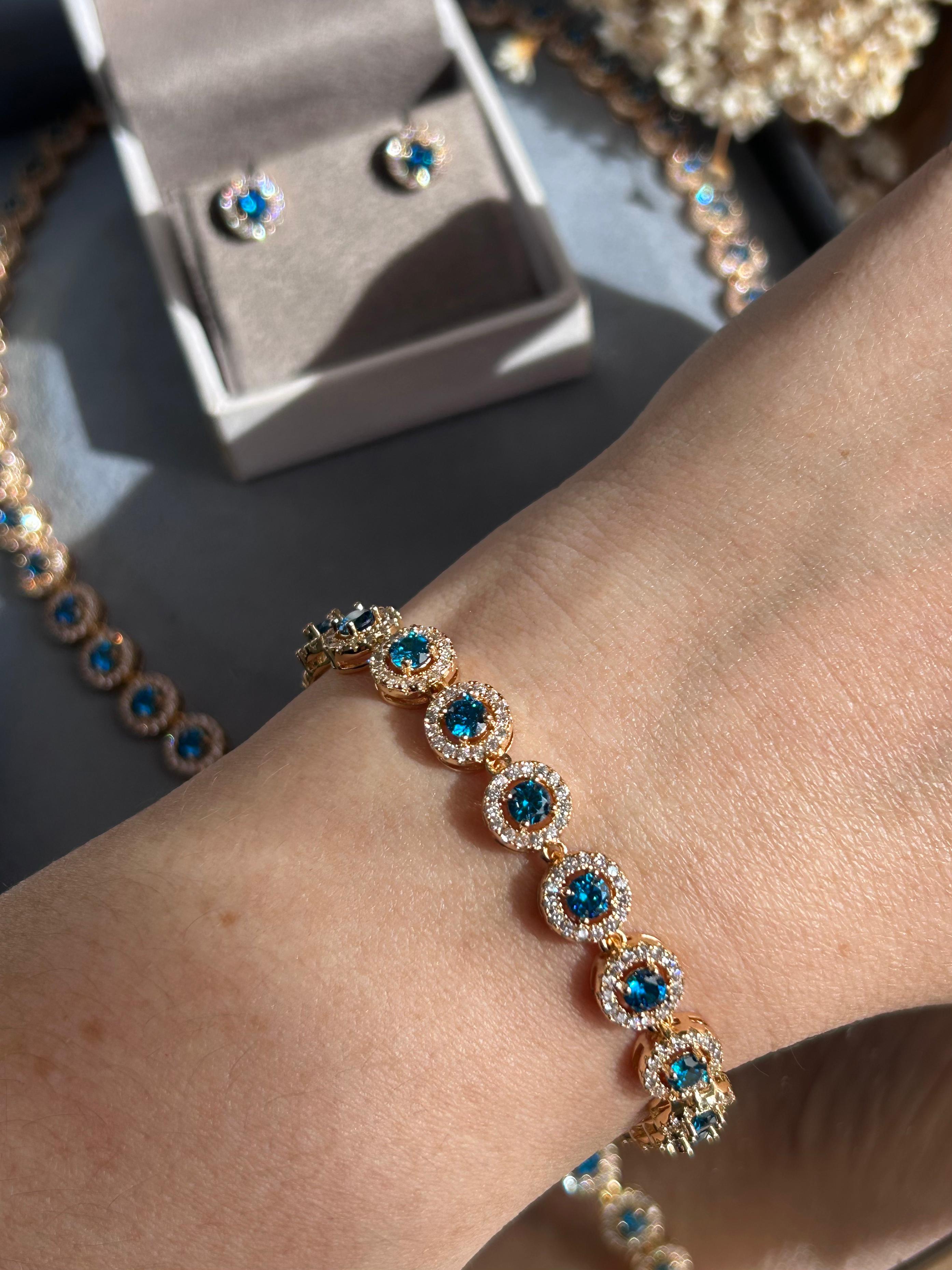 Conjunto Brinco, Colar e Pulseira Riviera Redonda Azul Água Marinha