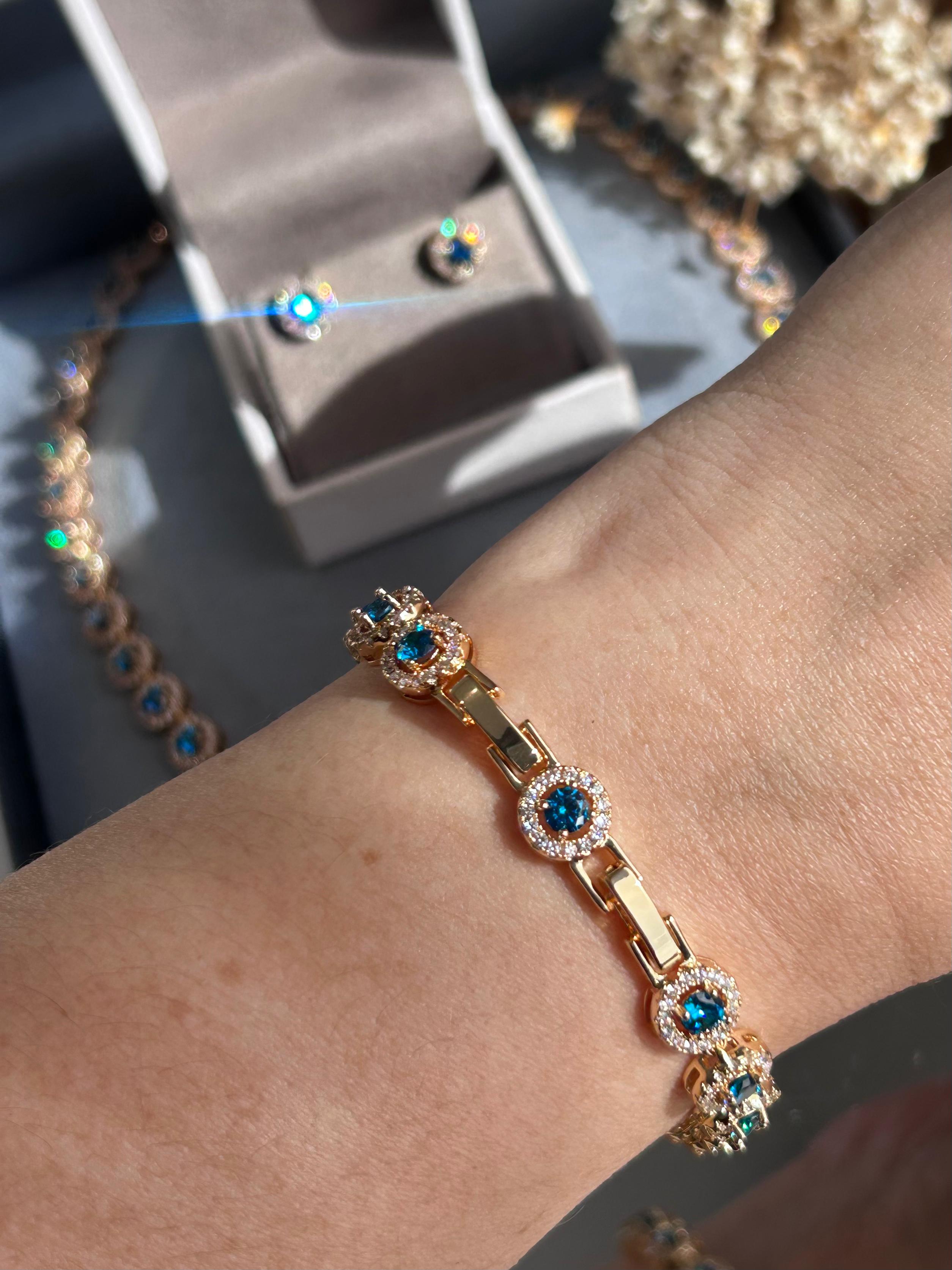 Conjunto Brinco, Colar e Pulseira Riviera Redonda Azul Água Marinha