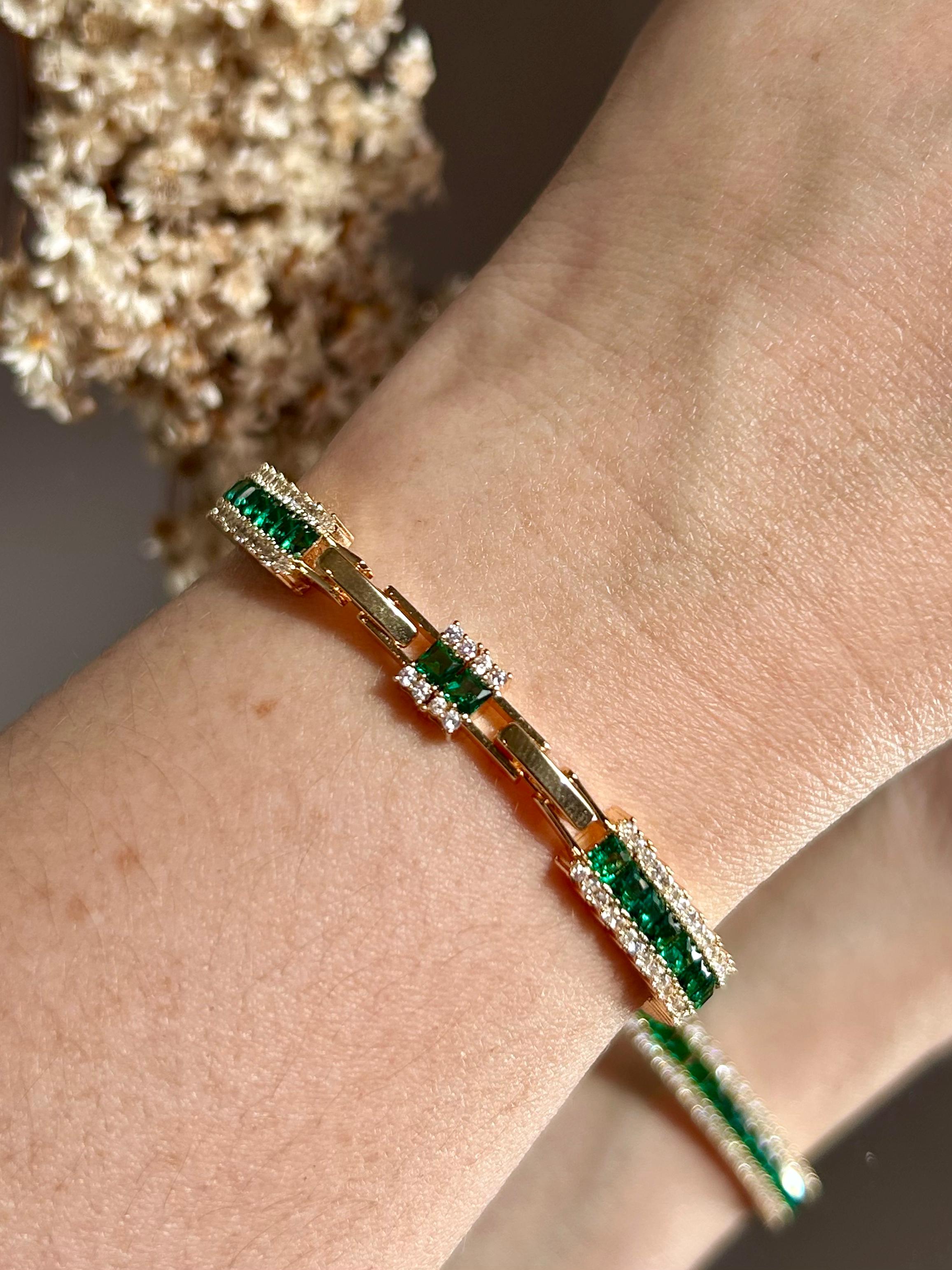 Pulseira Três Fileiras Baguetada Verde Esmeralda