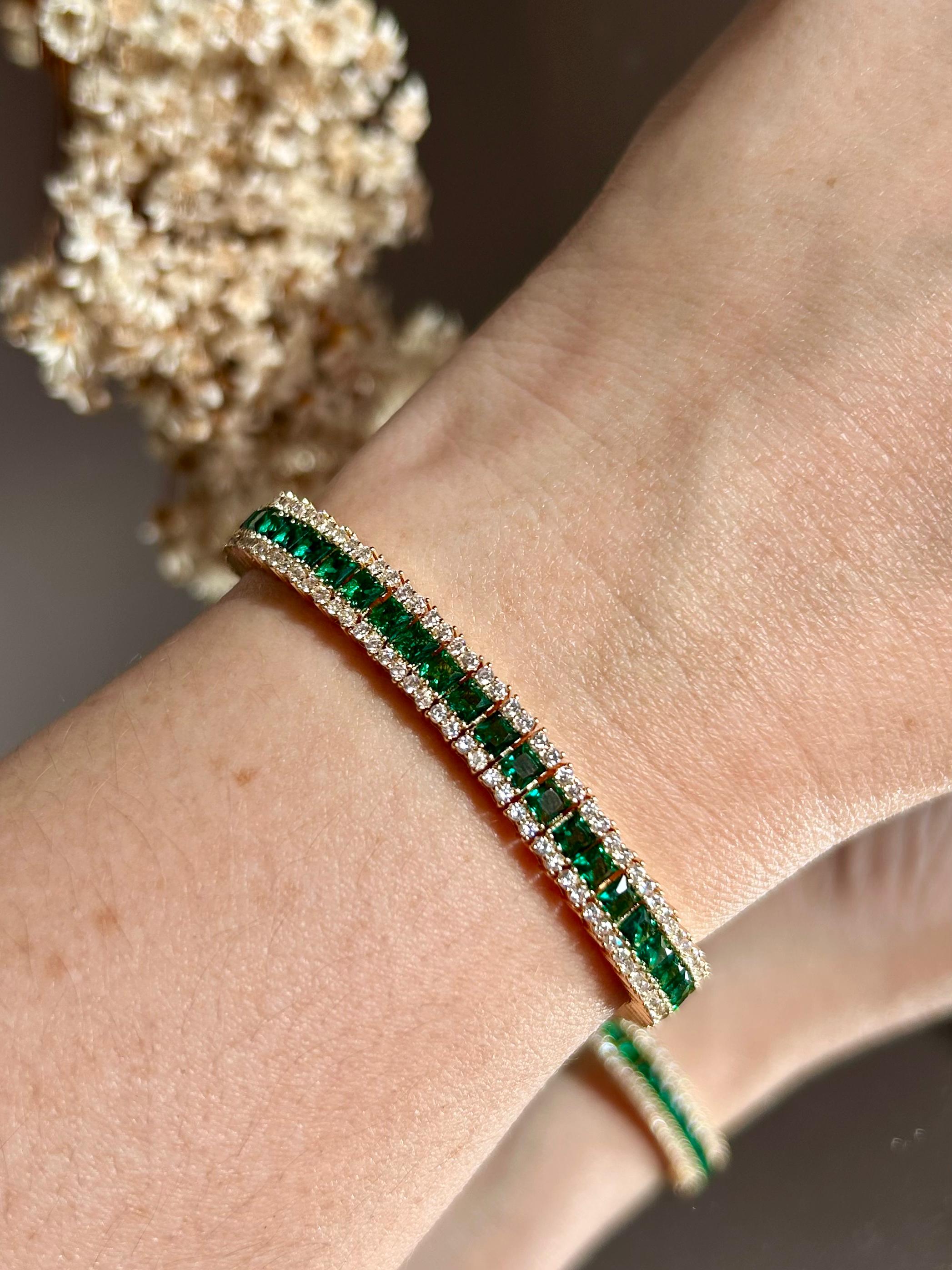 Pulseira Três Fileiras Baguetada Verde Esmeralda