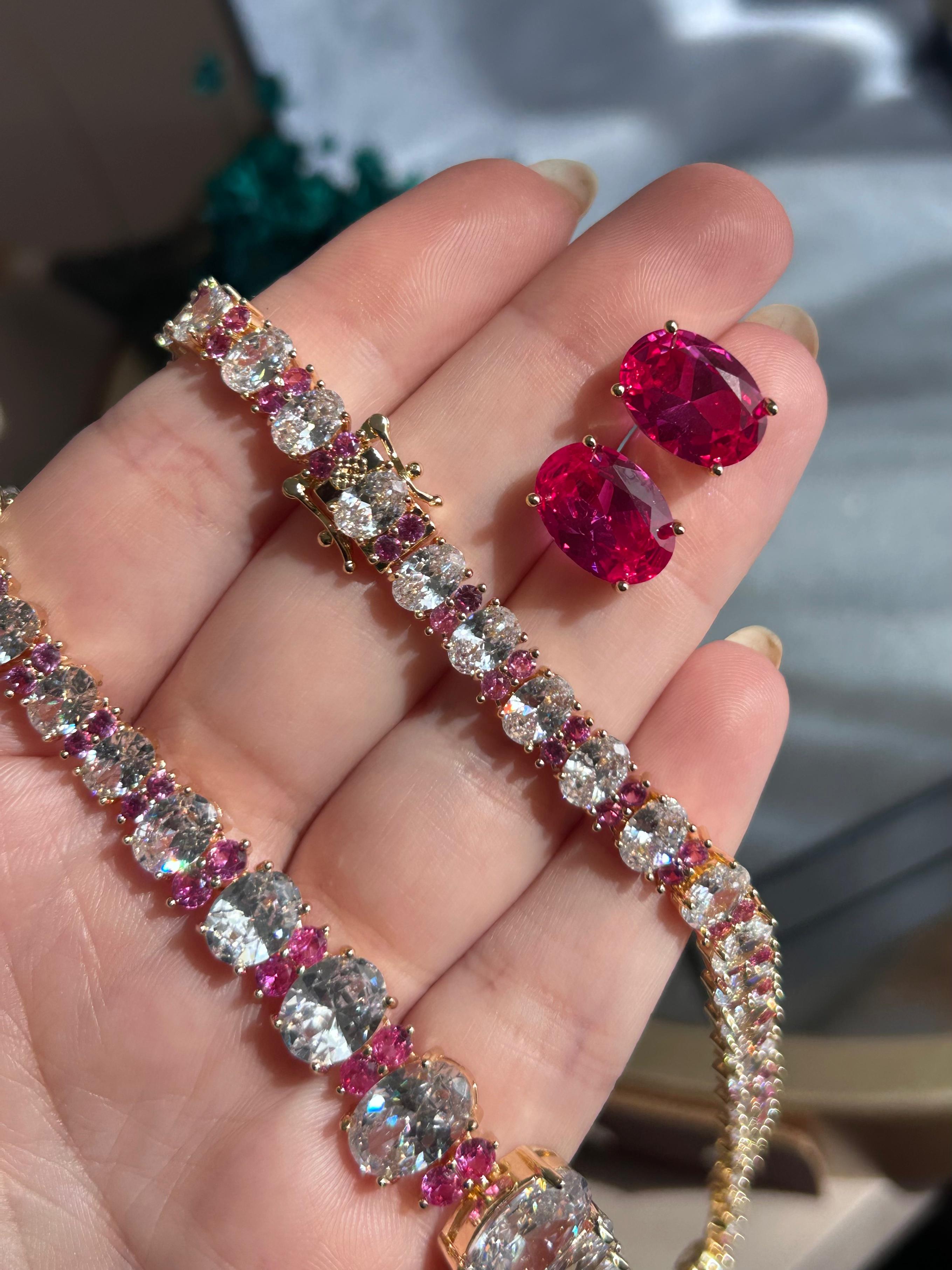 Conjunto Brinco e Colar Nathalia Safira Rosa/Pink Dourado