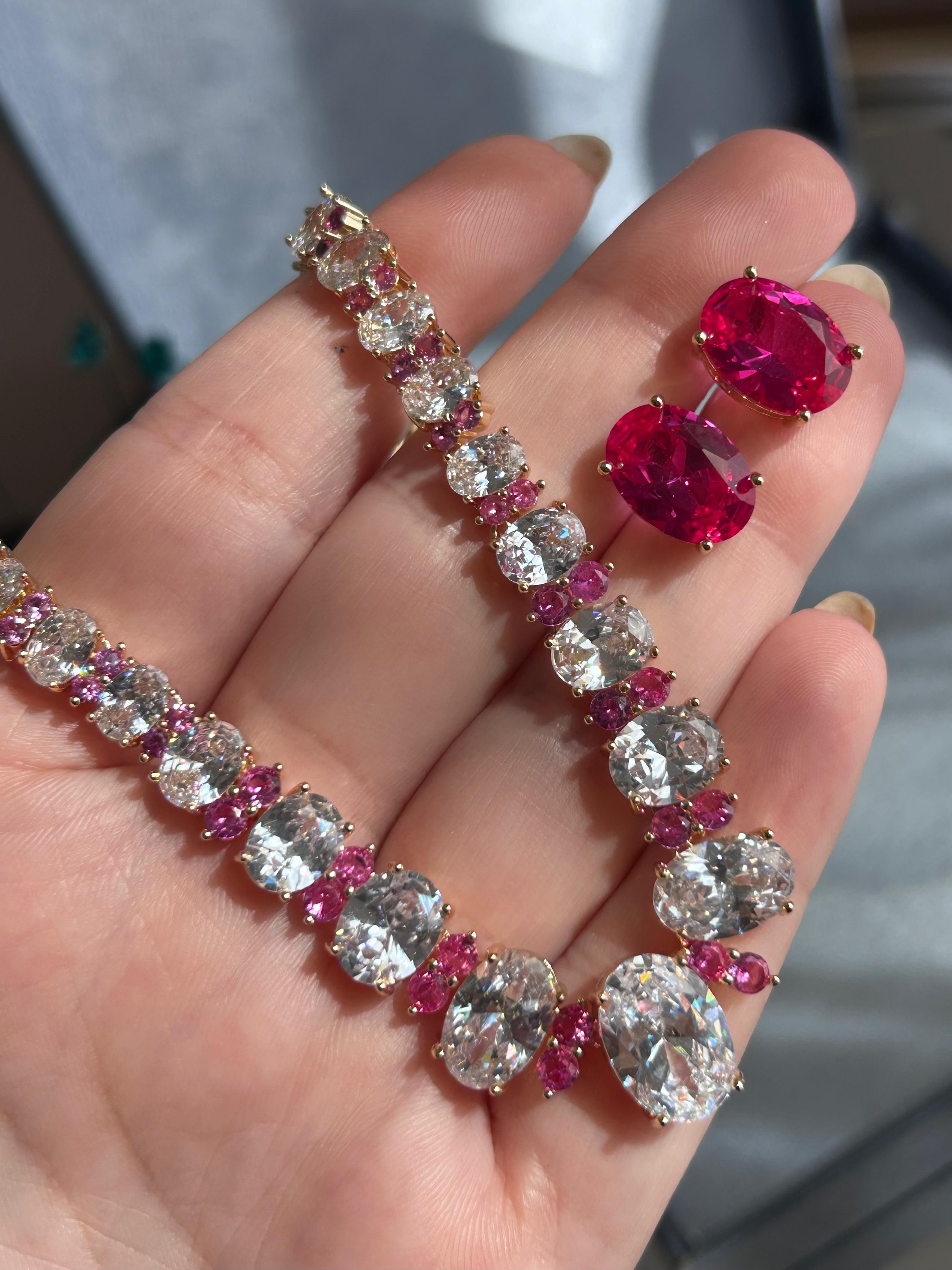 Conjunto Brinco e Colar Nathalia Safira Rosa/Pink Dourado