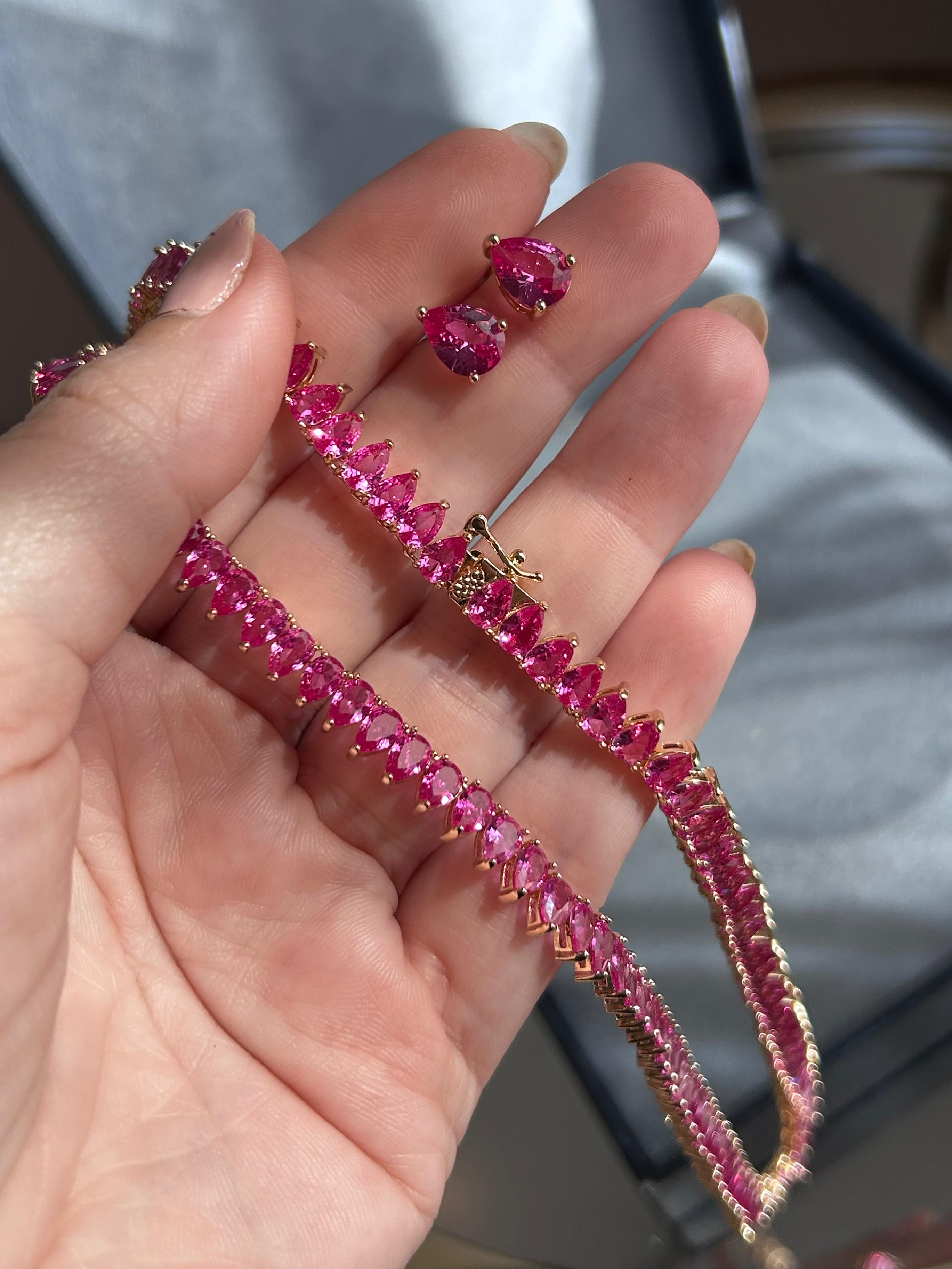 Conjunto Brinco e Colar Riviera Gota Safira Rosa/Pink Dourado