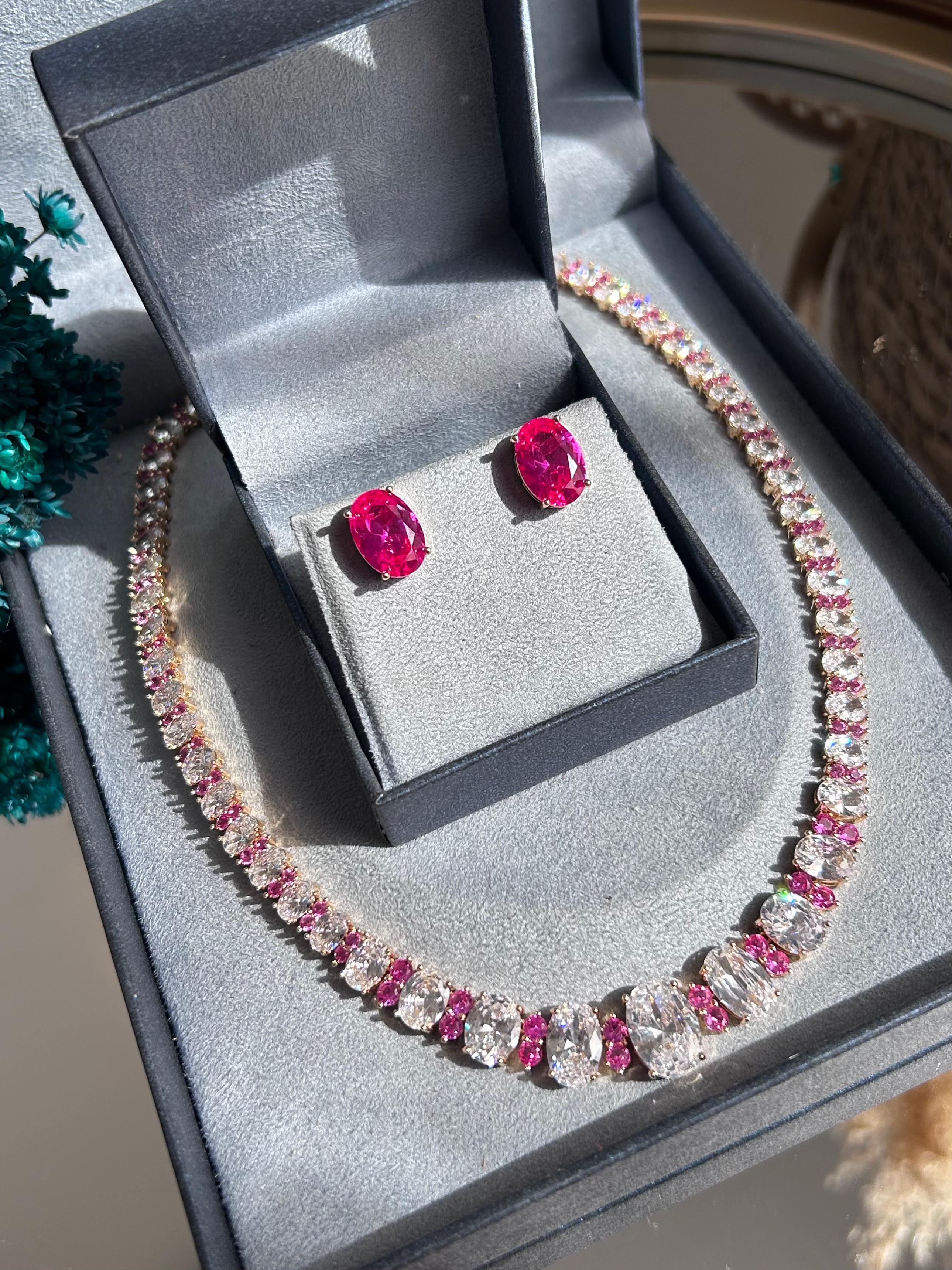 Conjunto Brinco e Colar Nathalia Safira Rosa/Pink Dourado