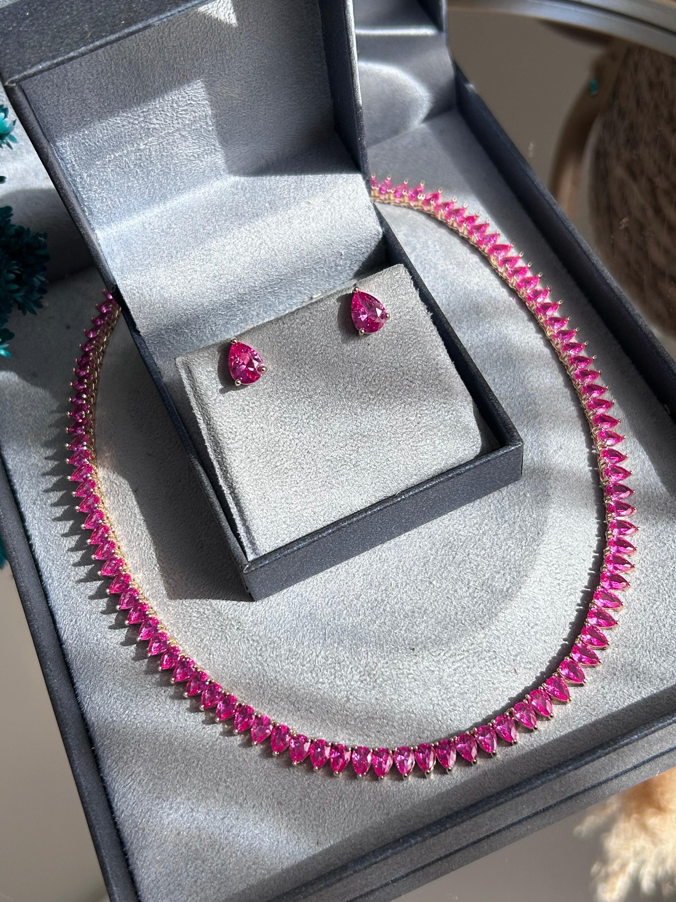 Conjunto Brinco e Colar Riviera Gota Safira Rosa/Pink Dourado