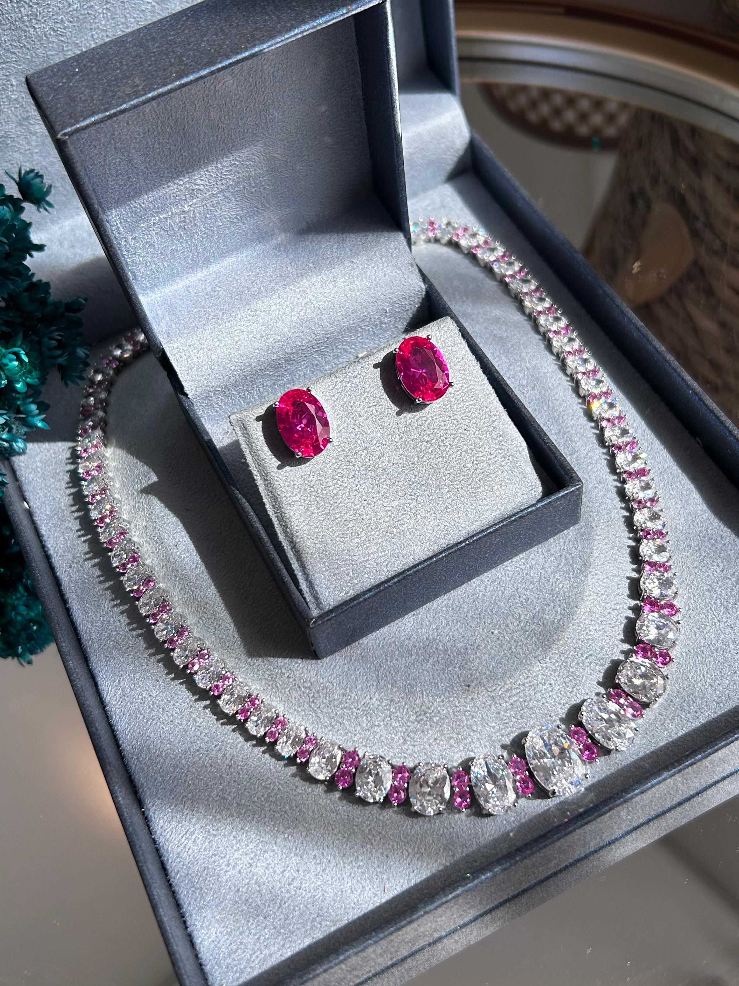 Conjunto Brinco e Colar Nathalia Safira Rosa/Pink