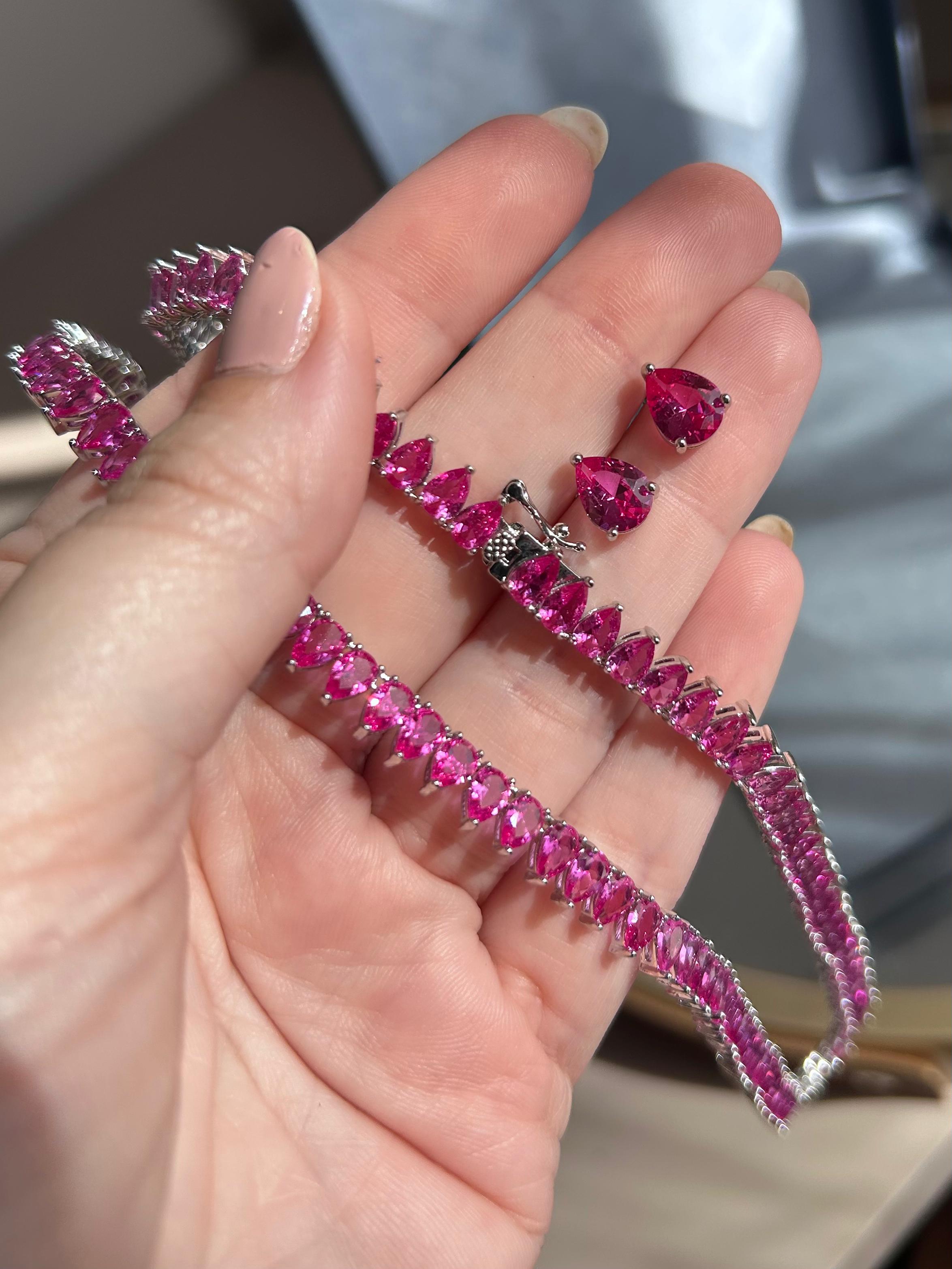 Conjunto Brinco e Colar Riviera Gota Safira Rosa/Pink
