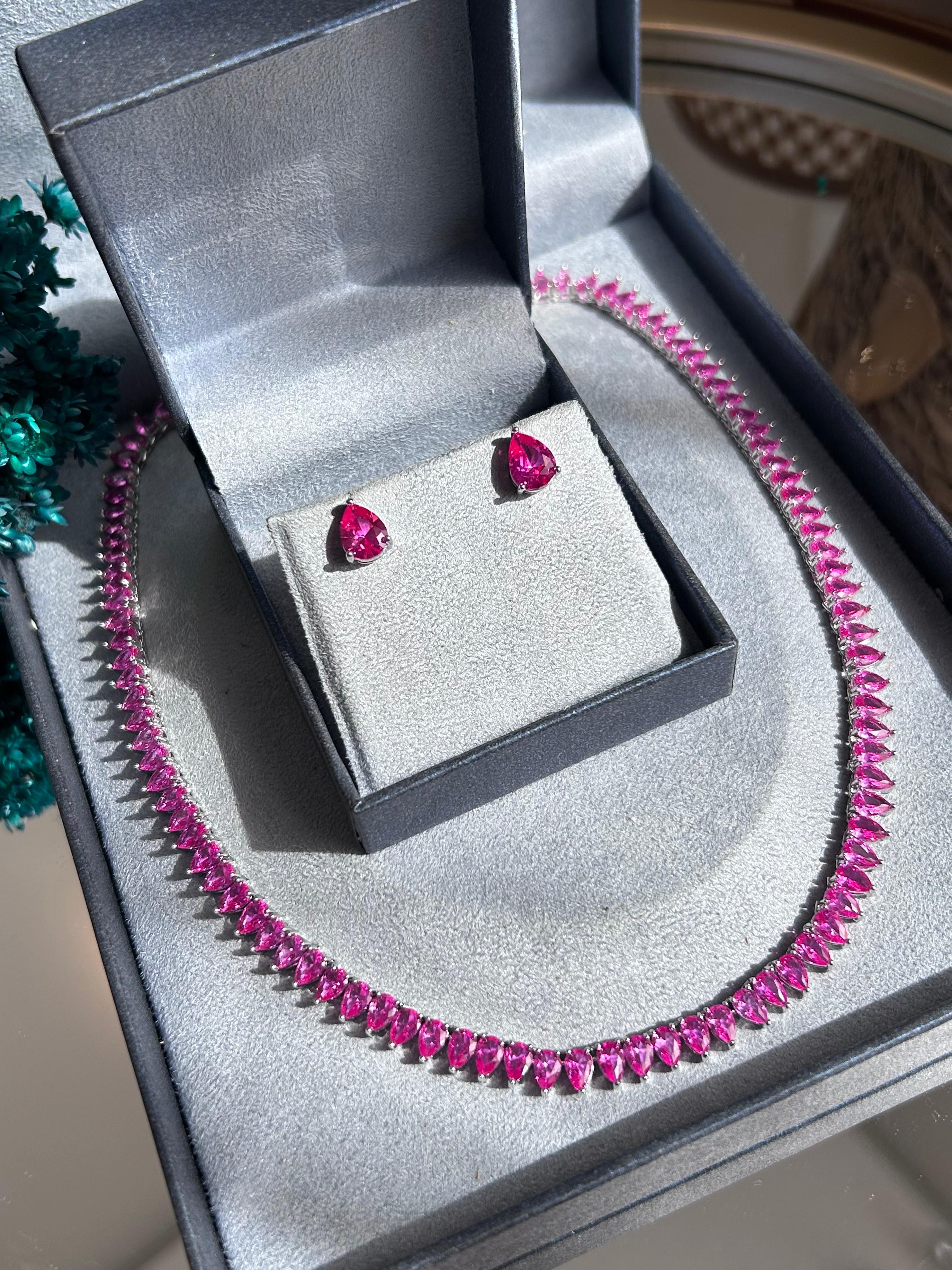 Conjunto Brinco e Colar Riviera Gota Safira Rosa/Pink