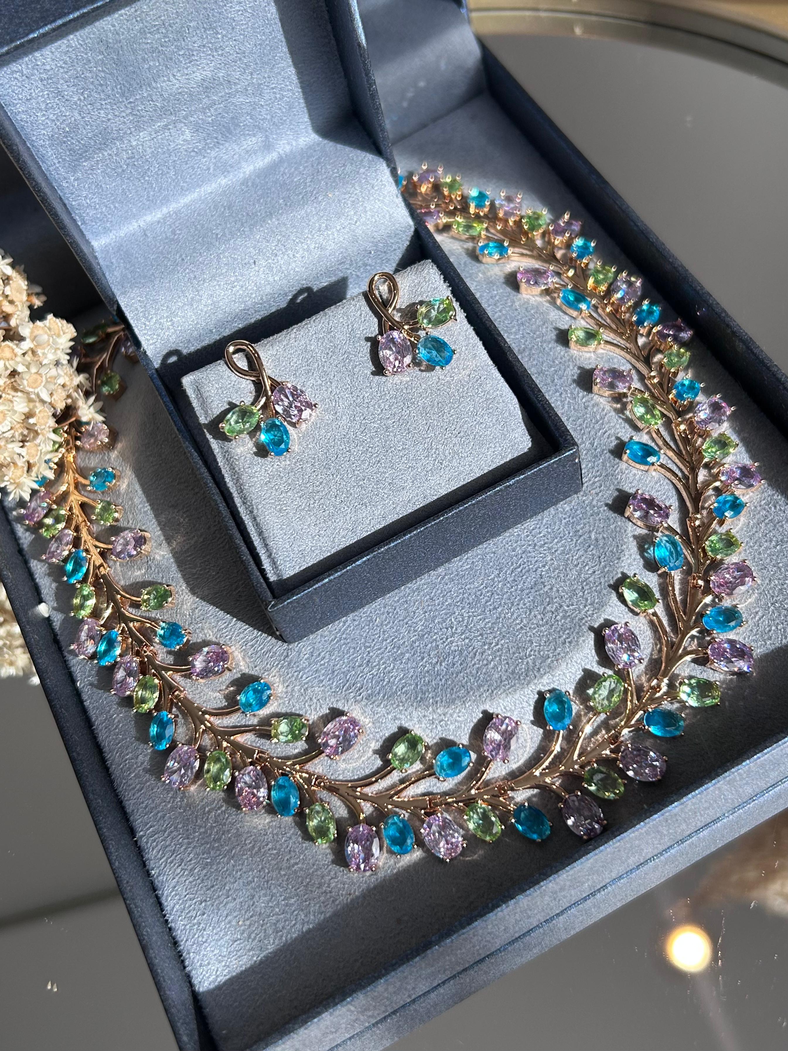 Conjunto Brinco e Colar Ramos Ametista, Agua Marinha e Verde Berilo