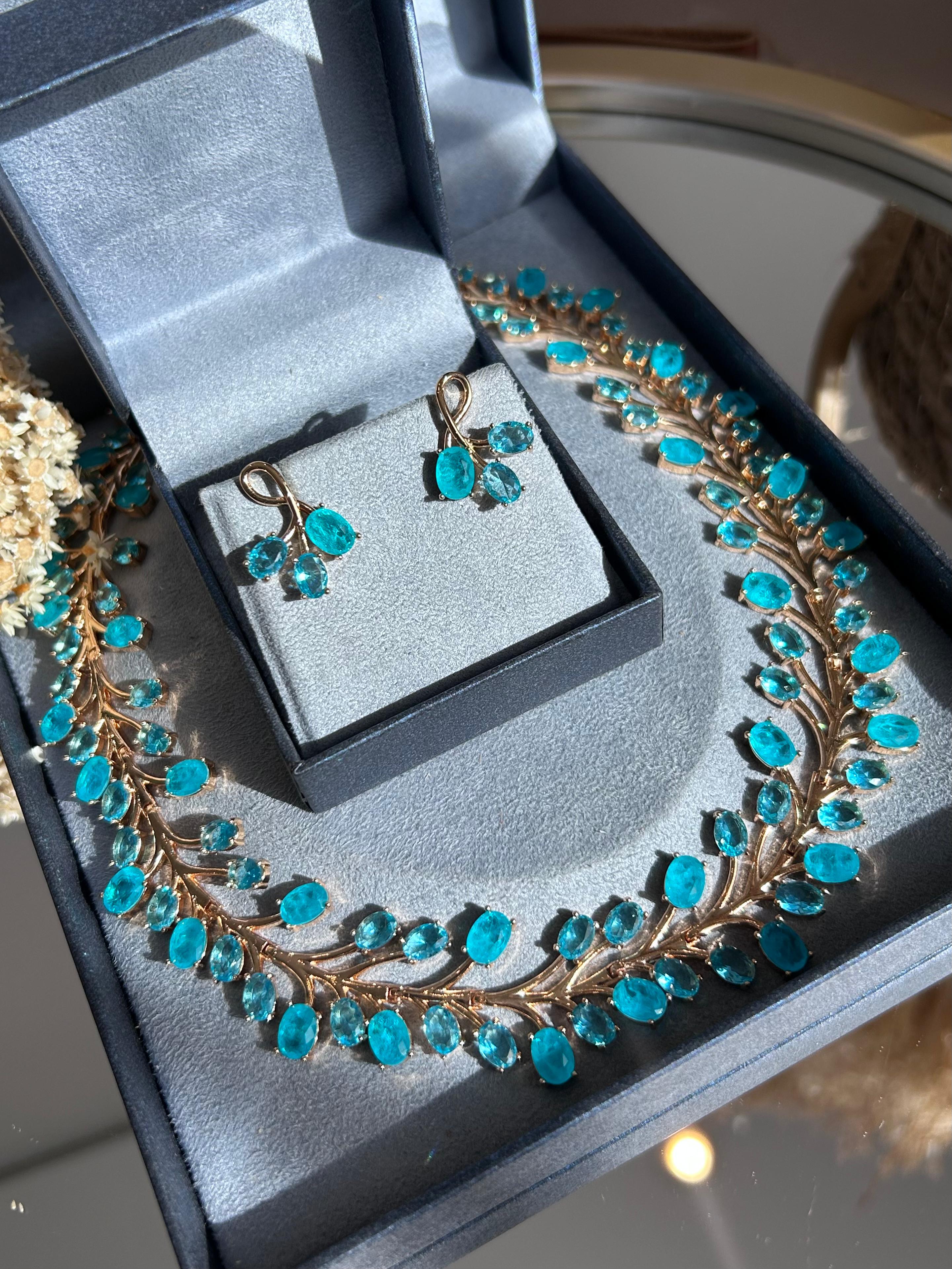 Conjunto Brinco e Colar Ramos Turmalina Azul Dourado