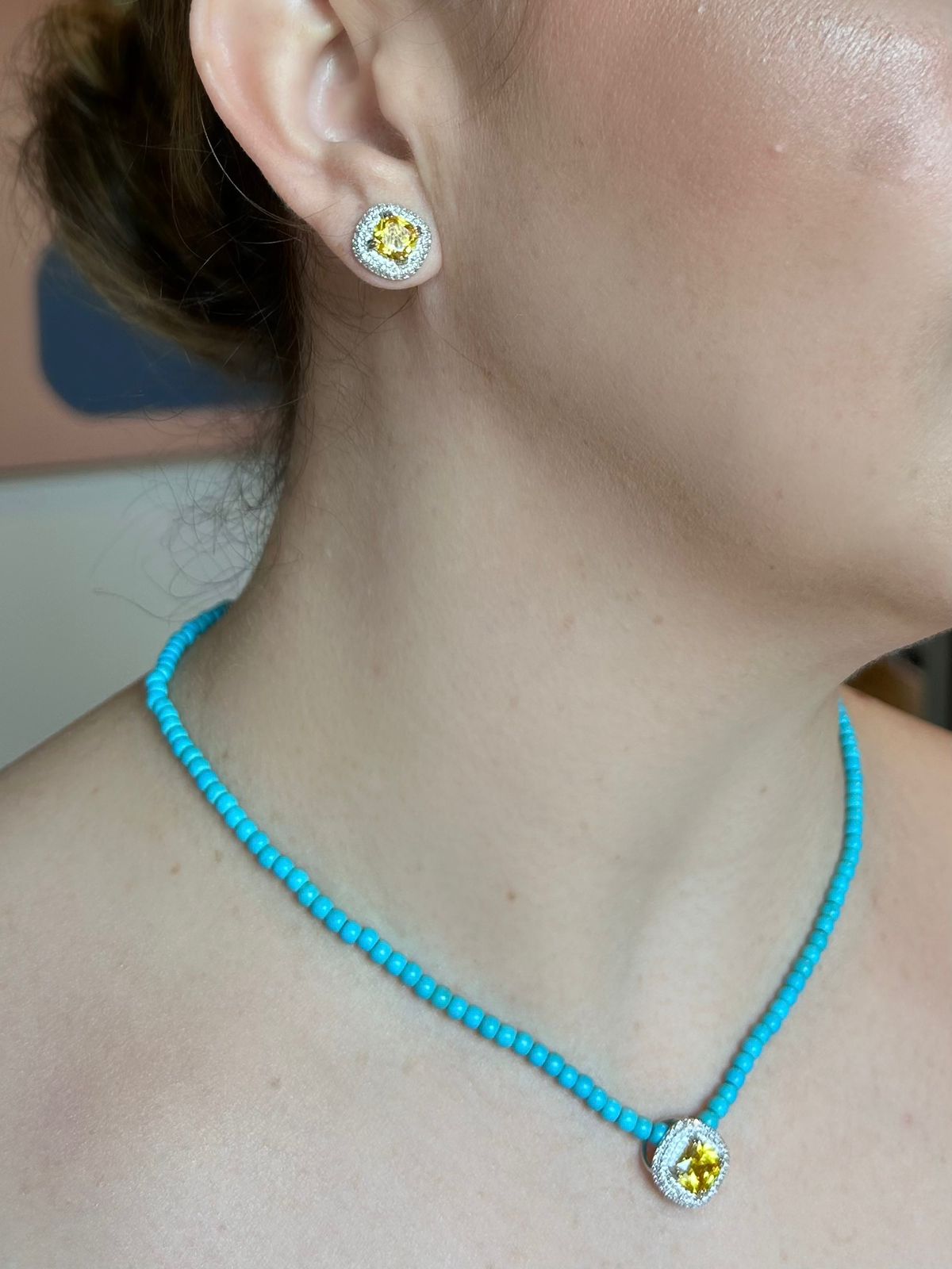 Conjunto Brinco e Colar Turquesa e Fancy Yellow