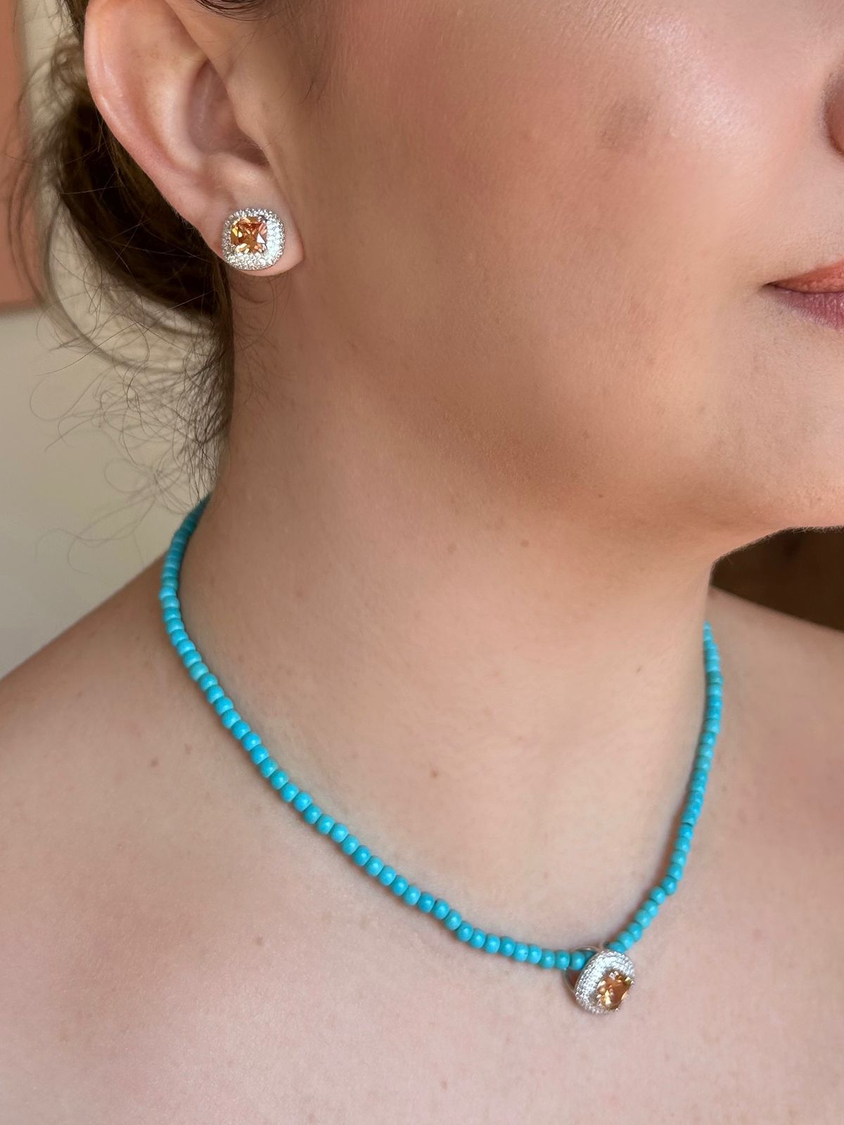 Conjunto Brinco e Colar Turquesa e Morganita