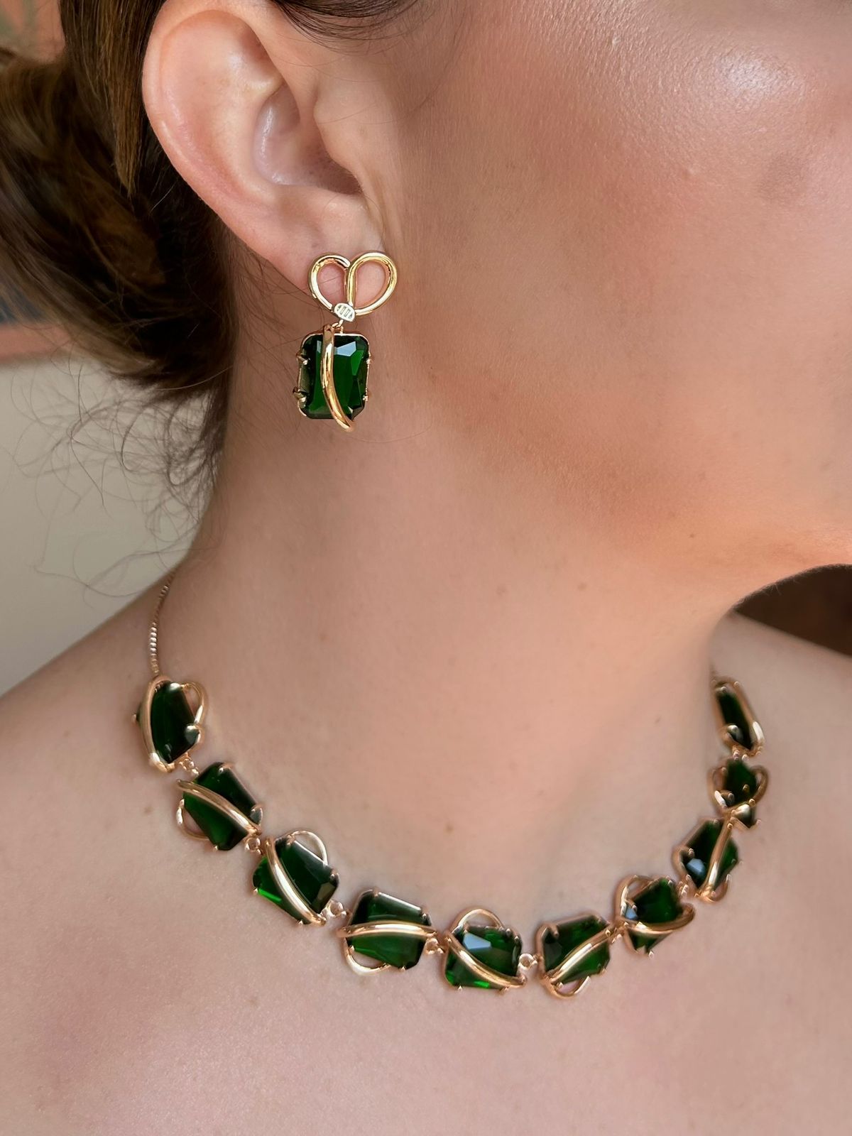 Conjunto Brinco e Colar Laço Verde Esmeralda