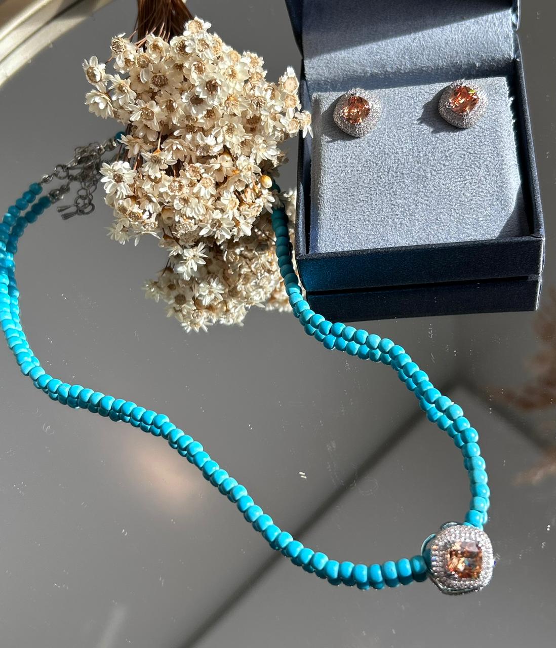 Conjunto Brinco e Colar Turquesa e Morganita