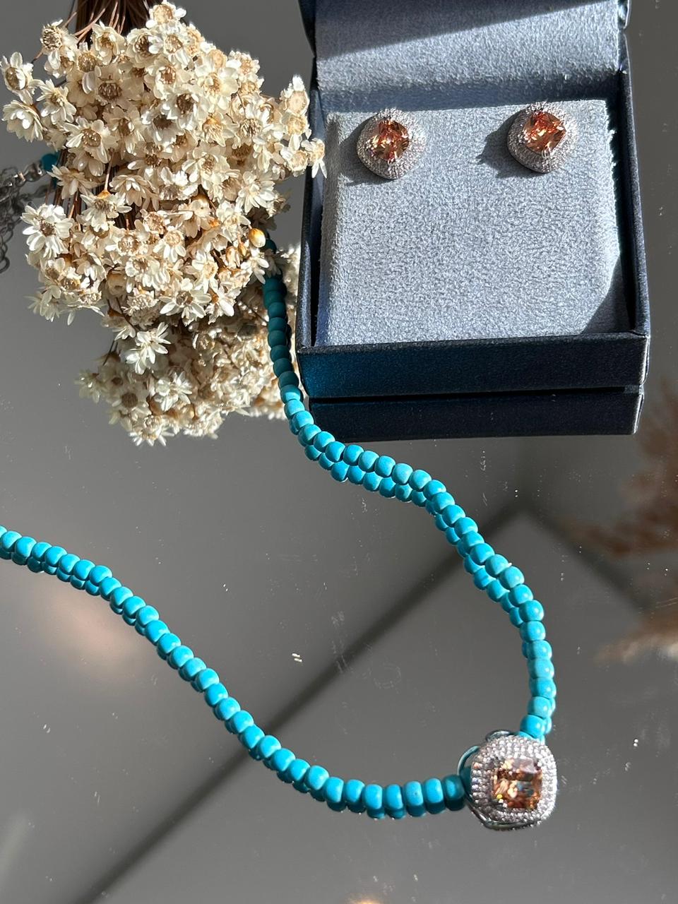 Conjunto Brinco e Colar Turquesa e Morganita