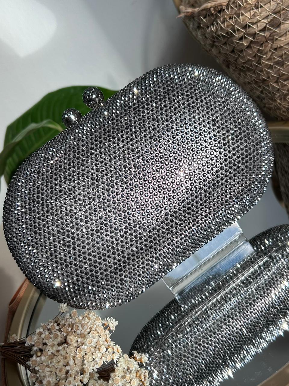 Bolsa Clutch Oval Cristais Grafite