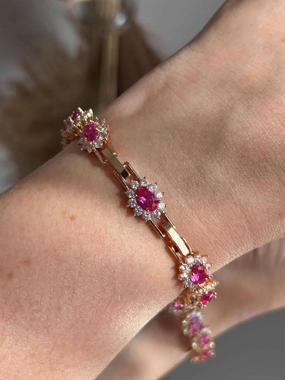Pulseira Riviera Oval Cravação Princesa Safira Rosa/Pink Dourado