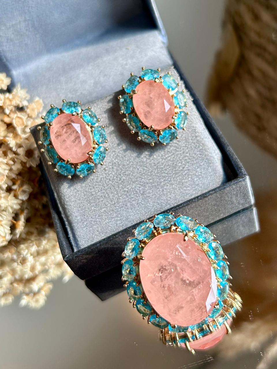 Conjunto Brinco e Anel Morganita e Azul Turquesa