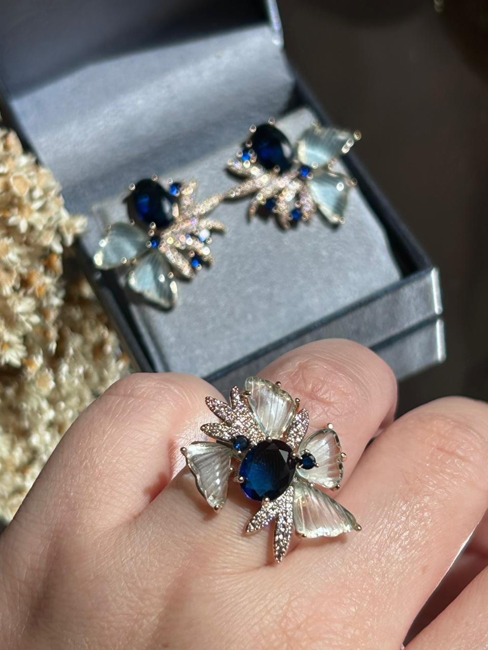 Conjunto Brinco e Anel Carla P Azul Safira Dourado