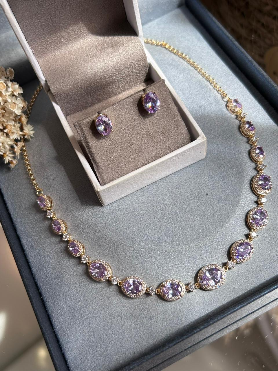 Conjunto Brinco e Colar Pedras Ovais Ametista